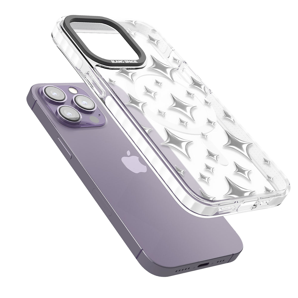 Chrome Puff Sparkle Pattern iPhone 13 Pro / iPhone 13 Pro Max / iPhone 14 Pro / iPhone 14 Pro Max / iPhone 15 Pro / iPhone 15 Pro Max Impact Pro Clear Phone Case angled