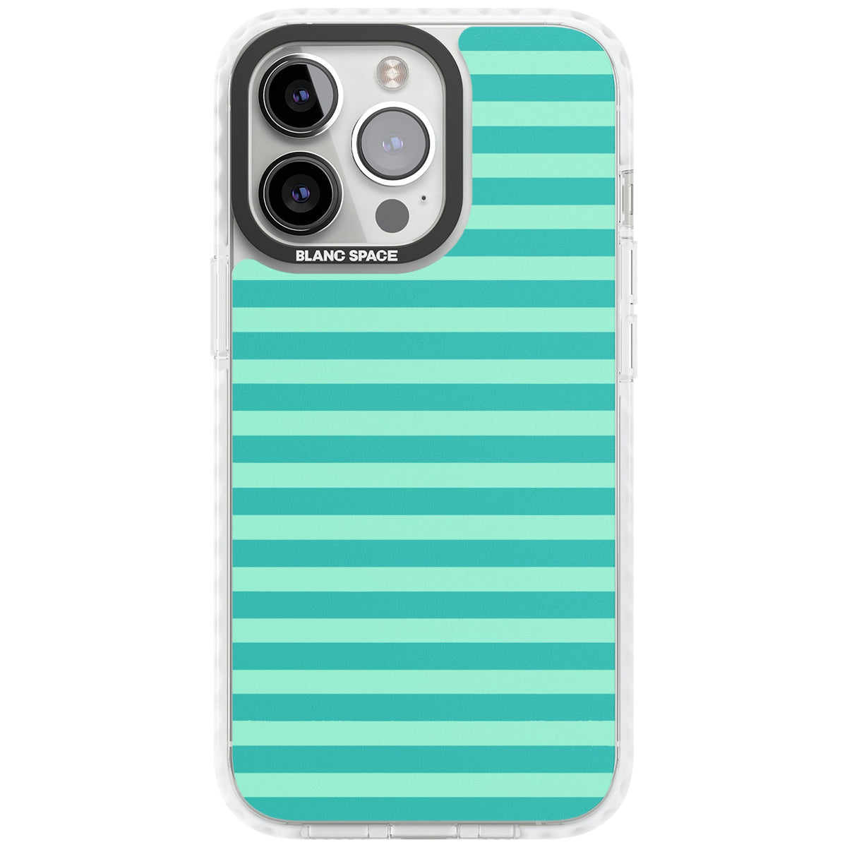 Turquoise Stripe preppy iPhone case featuring horizontal teal and mint green stripes on a black protective frame iPhone 12 Pro Max / iPhone 13 Pro / iPhone 13 Pro Max / iPhone 14 Pro / iPhone 14 Pro Max / iPhone 15 Pro / iPhone 15 Pro Max Impact Pro Clear Phone Case front