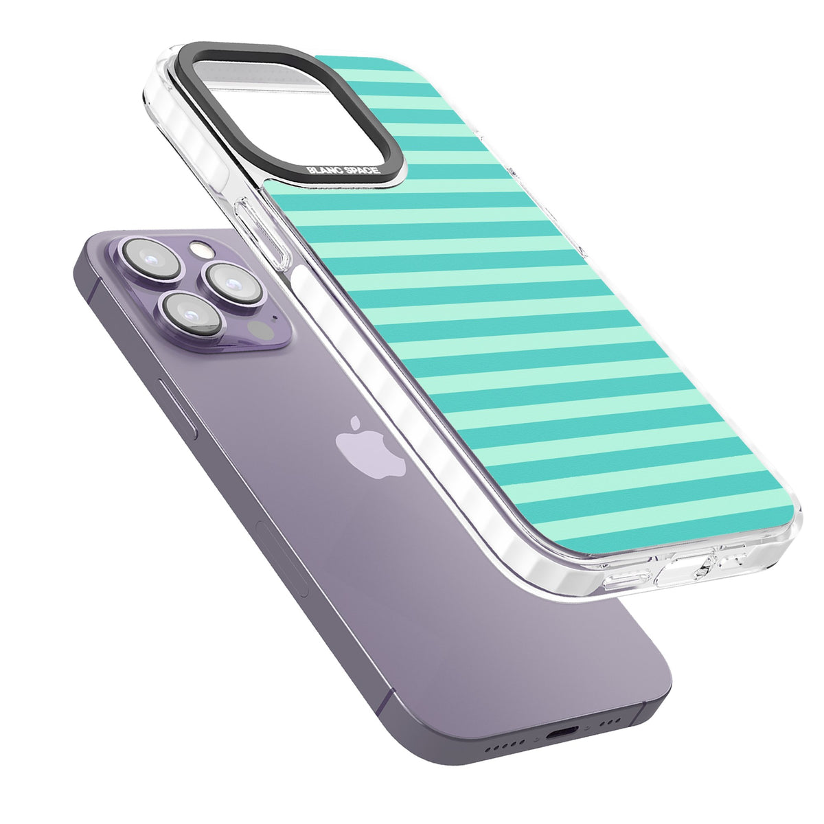 Turquoise Stripe preppy iPhone case featuring horizontal teal and mint green stripes on a black protective frame iPhone 12 Pro Max / iPhone 13 Pro / iPhone 13 Pro Max / iPhone 14 Pro / iPhone 14 Pro Max / iPhone 15 Pro / iPhone 15 Pro Max Impact Pro Clear Phone Case angled
