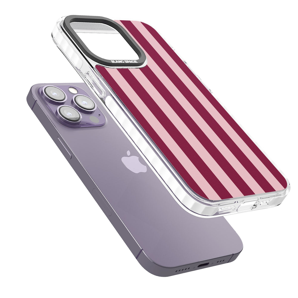 Bordeaux Belle preppy iPhone case featuring bold vertical stripes in burgundy and soft blush pink iPhone 12 Pro Max / iPhone 13 Pro / iPhone 13 Pro Max / iPhone 14 Pro / iPhone 14 Pro Max / iPhone 15 Pro / iPhone 15 Pro Max Impact Pro Clear Phone Case angled
