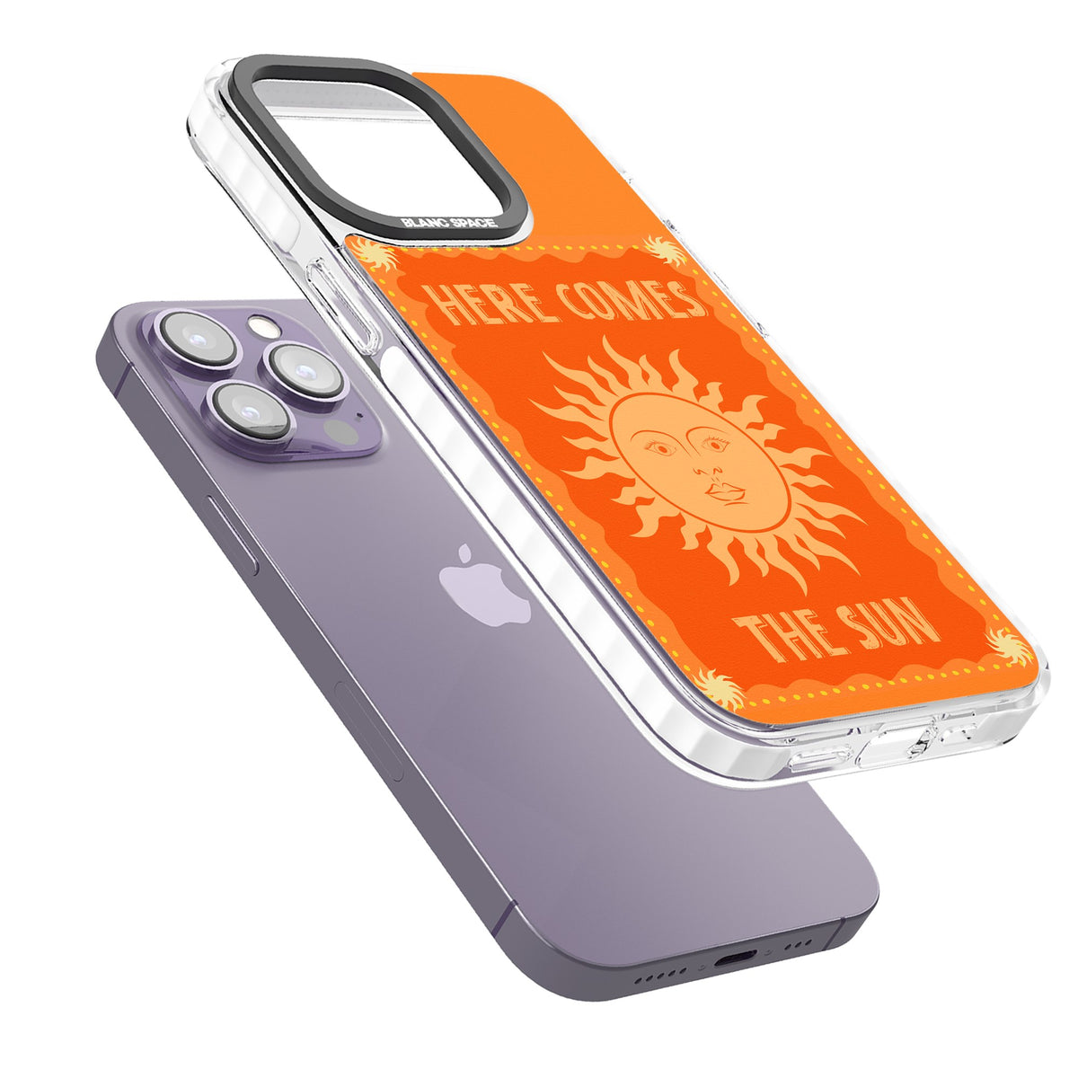 Here Comes The Sun iPhone 13 Pro / iPhone 13 Pro Max / iPhone 14 Pro / iPhone 14 Pro Max / iPhone 15 Pro / iPhone 15 Pro Max Impact Pro Clear Phone Case angled