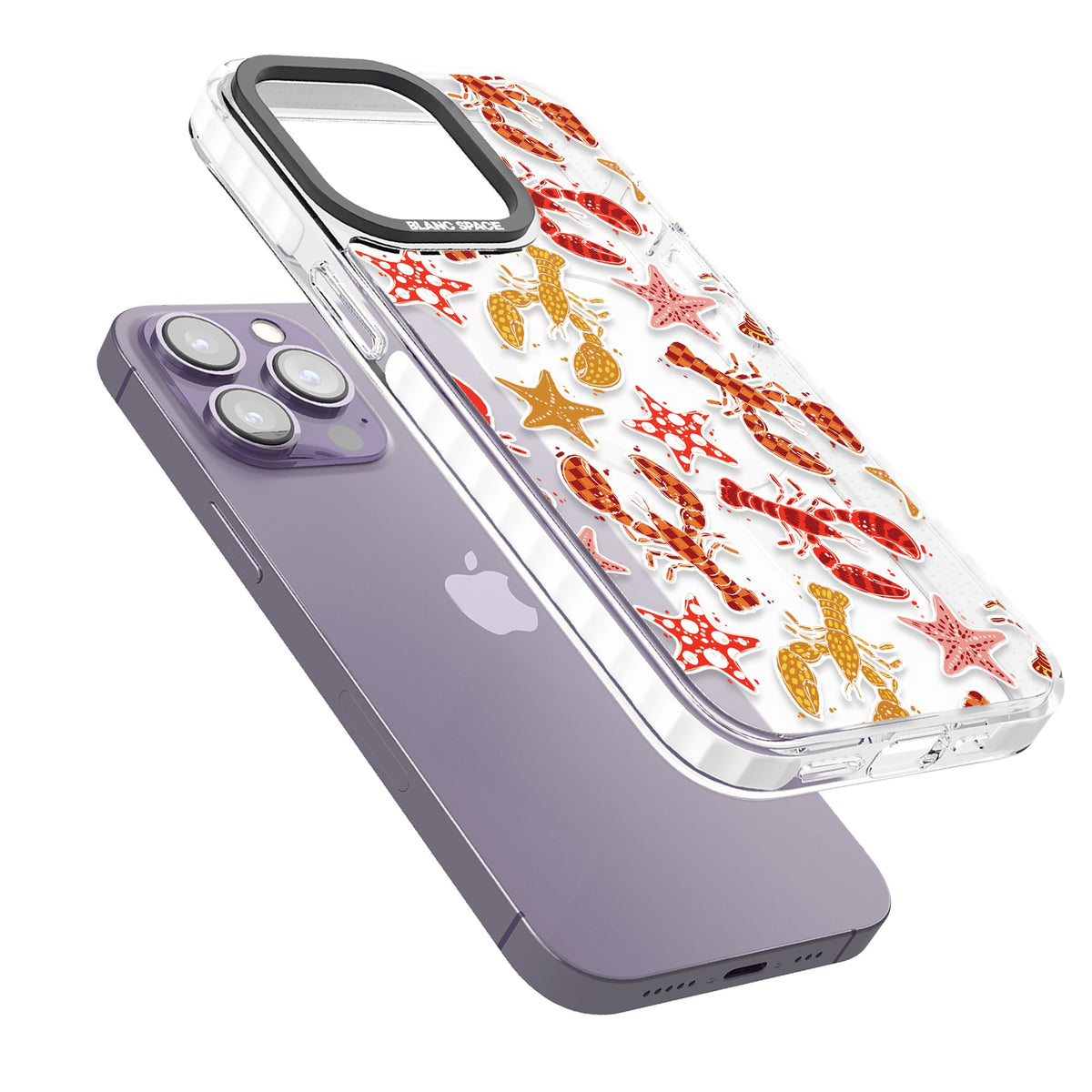 Lobster & Starfish Coastal Pattern iPhone 13 Pro / iPhone 13 Pro Max / iPhone 14 Pro / iPhone 14 Pro Max / iPhone 15 Pro / iPhone 15 Pro Max Impact Pro Clear Phone Case angled