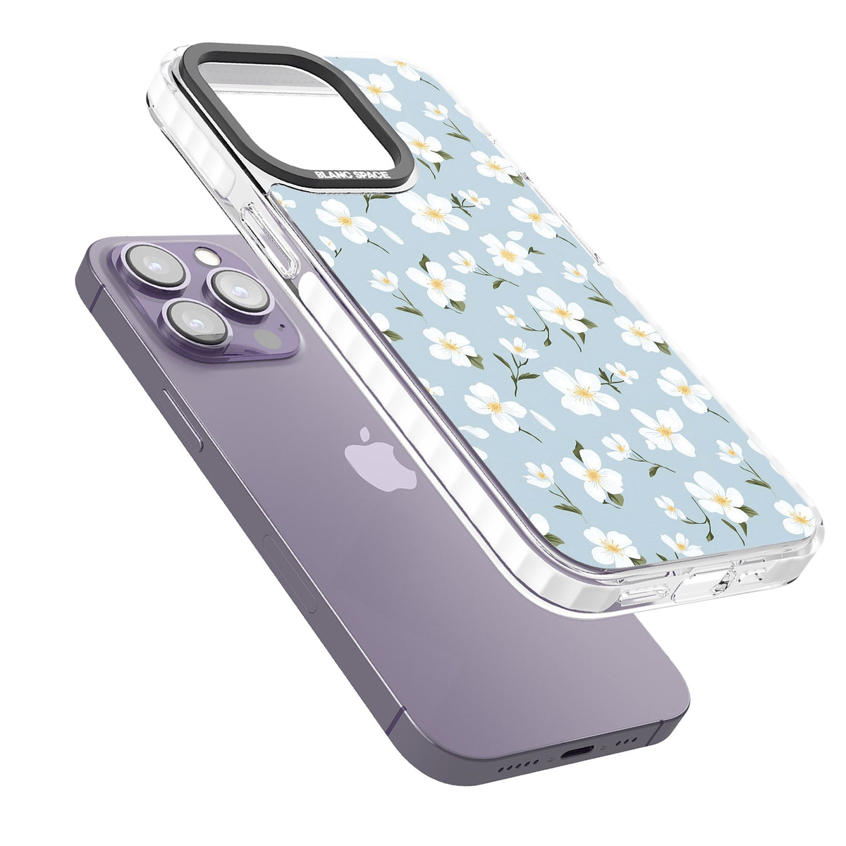 Powder Blue Petals iPhone 13 Pro / iPhone 13 Pro Max / iPhone 14 Pro / iPhone 14 Pro Max / iPhone 15 Pro / iPhone 15 Pro Max Impact Pro Clear Phone Case angled