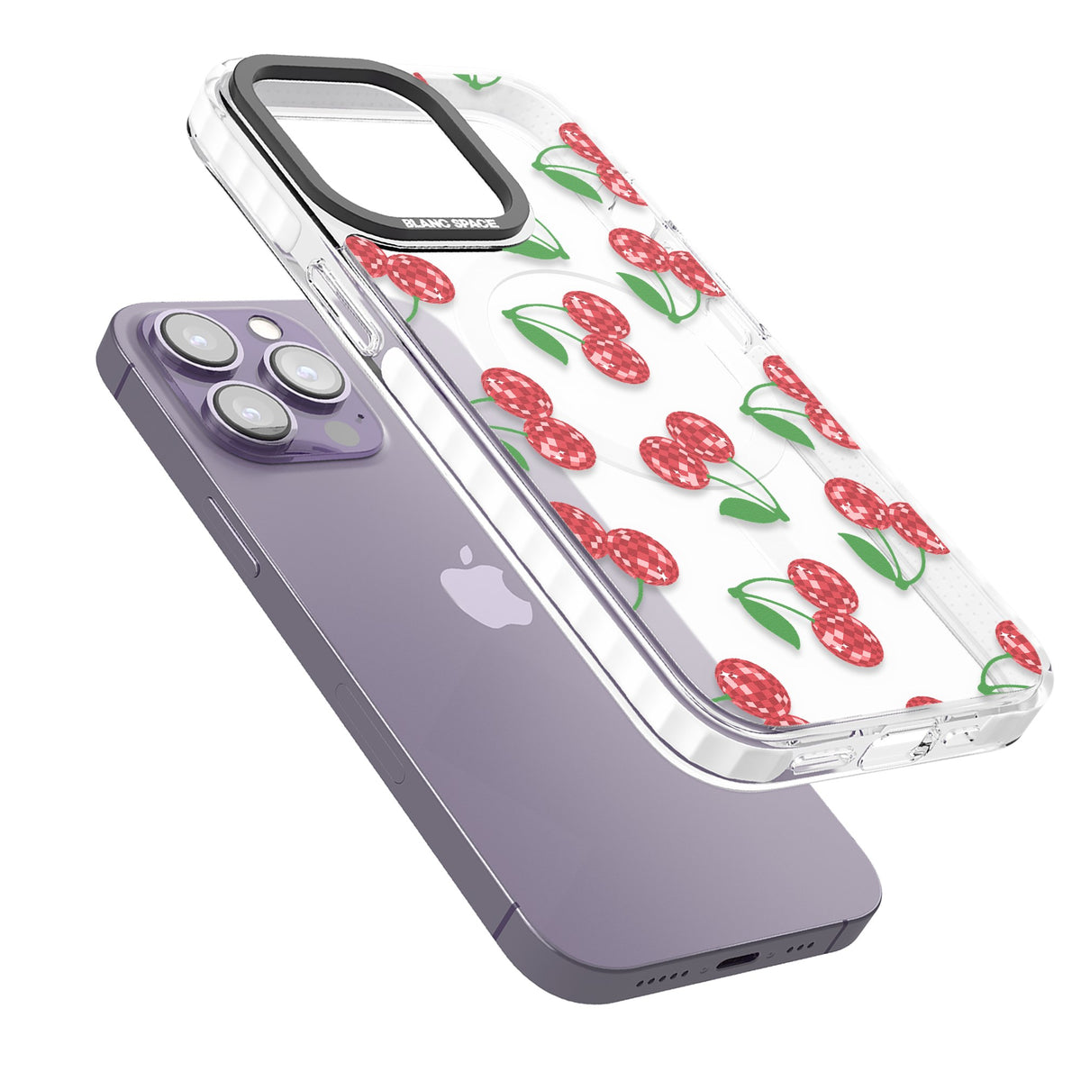 Disco Cherries iPhone 13 Pro / iPhone 13 Pro Max / iPhone 14 Pro / iPhone 14 Pro Max / iPhone 15 Pro / iPhone 15 Pro Max Impact Pro Clear Phone Case angled