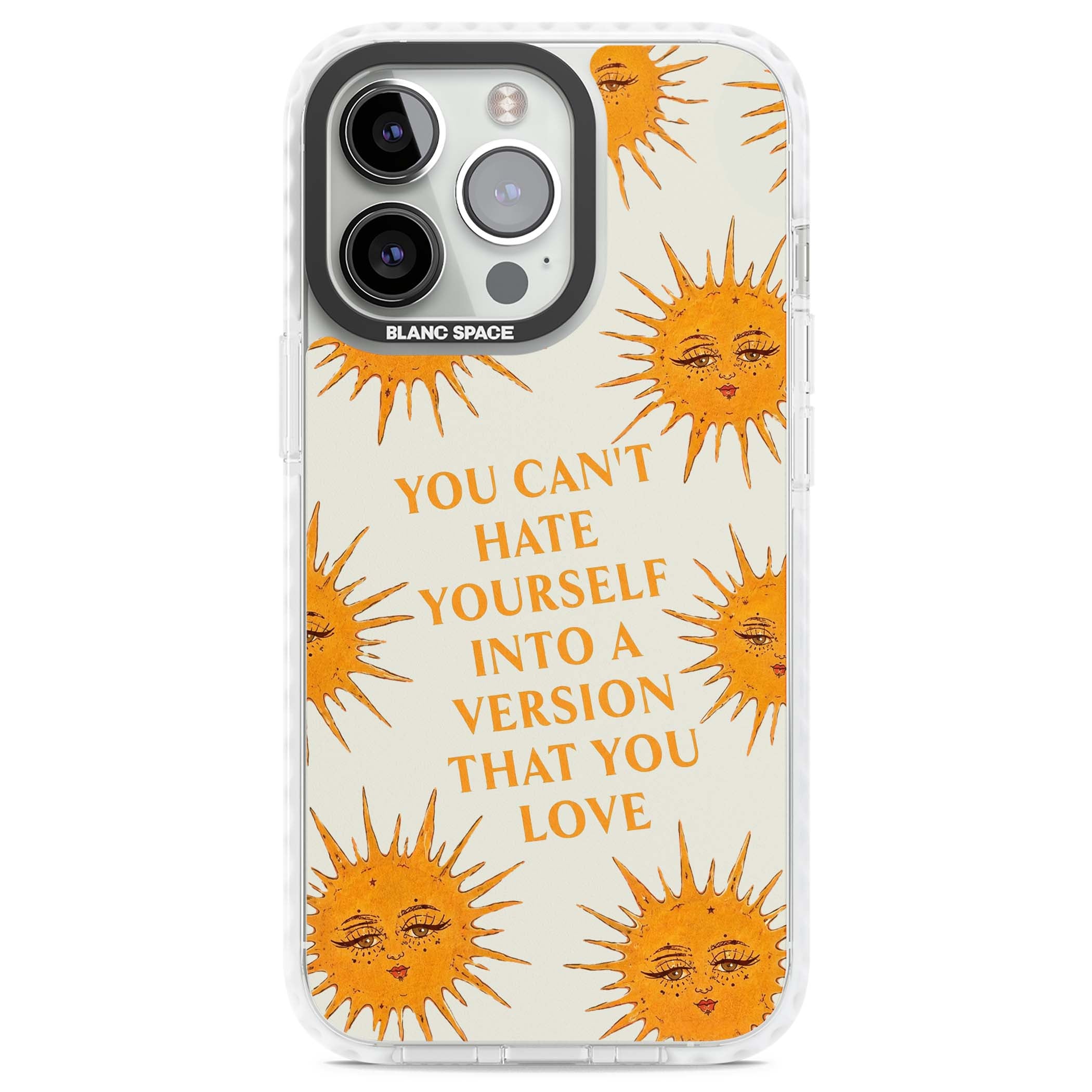 Don't Hate Yourself celestial iPhone case featuring vintage sun faces, ochre rays and a self-love quote | Impact Magsafe case for iPhone 13 Pro, iPhone 14 Pro, iPhone 15 Pro