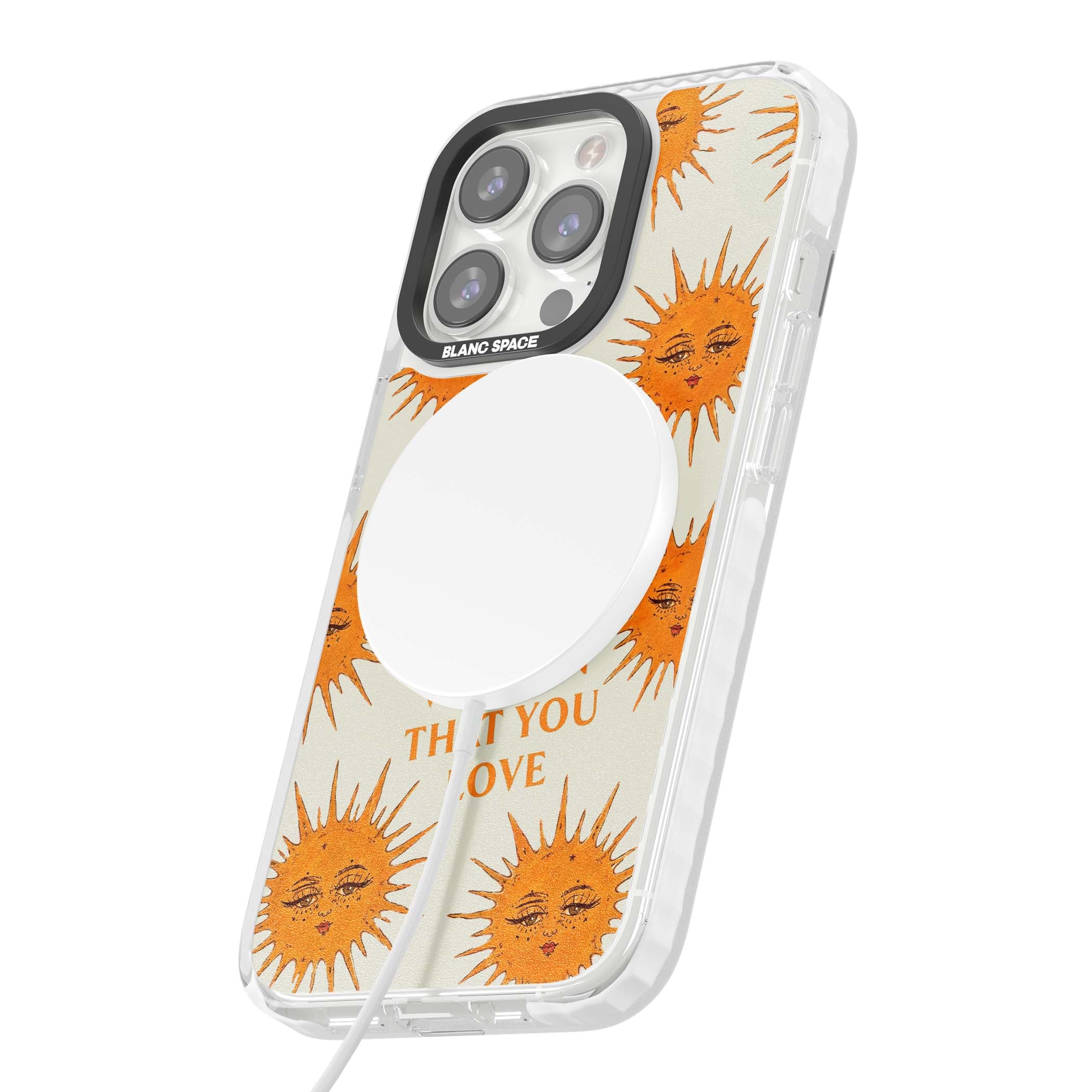 Don't Hate Yourself celestial iPhone case featuring vintage sun faces, ochre rays and a self-love quote | Impact Magsafe case for iPhone 13 Pro, iPhone 14 Pro, iPhone 15 Pro