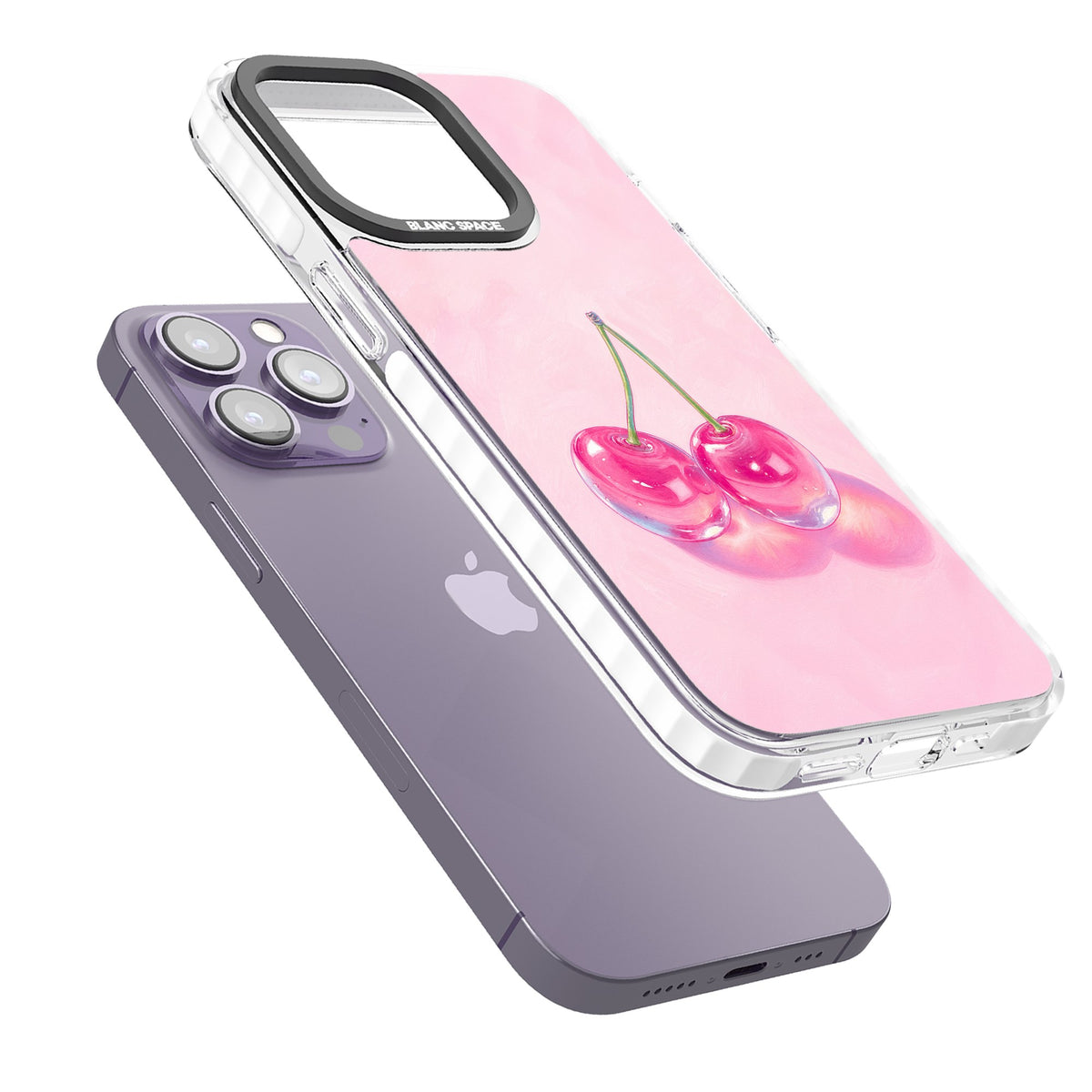 Pink Glass Cherry iPhone 13 Pro / iPhone 13 Pro Max / iPhone 14 Pro / iPhone 14 Pro Max / iPhone 15 Pro / iPhone 15 Pro Max Impact Pro Clear Phone Case angled