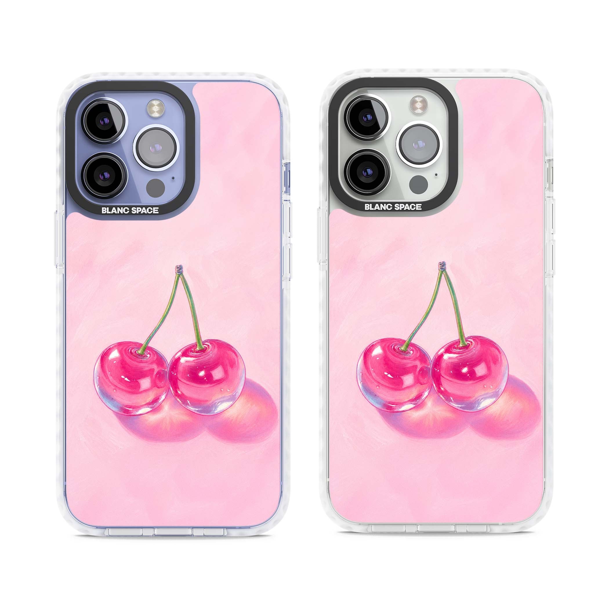 Pink Glass Cherry coquette iPhone case featuring two glossy painted cherries on a soft pink background | Impact Magsafe case for iPhone 13 Pro, iPhone 14 Pro, iPhone 15 Pro