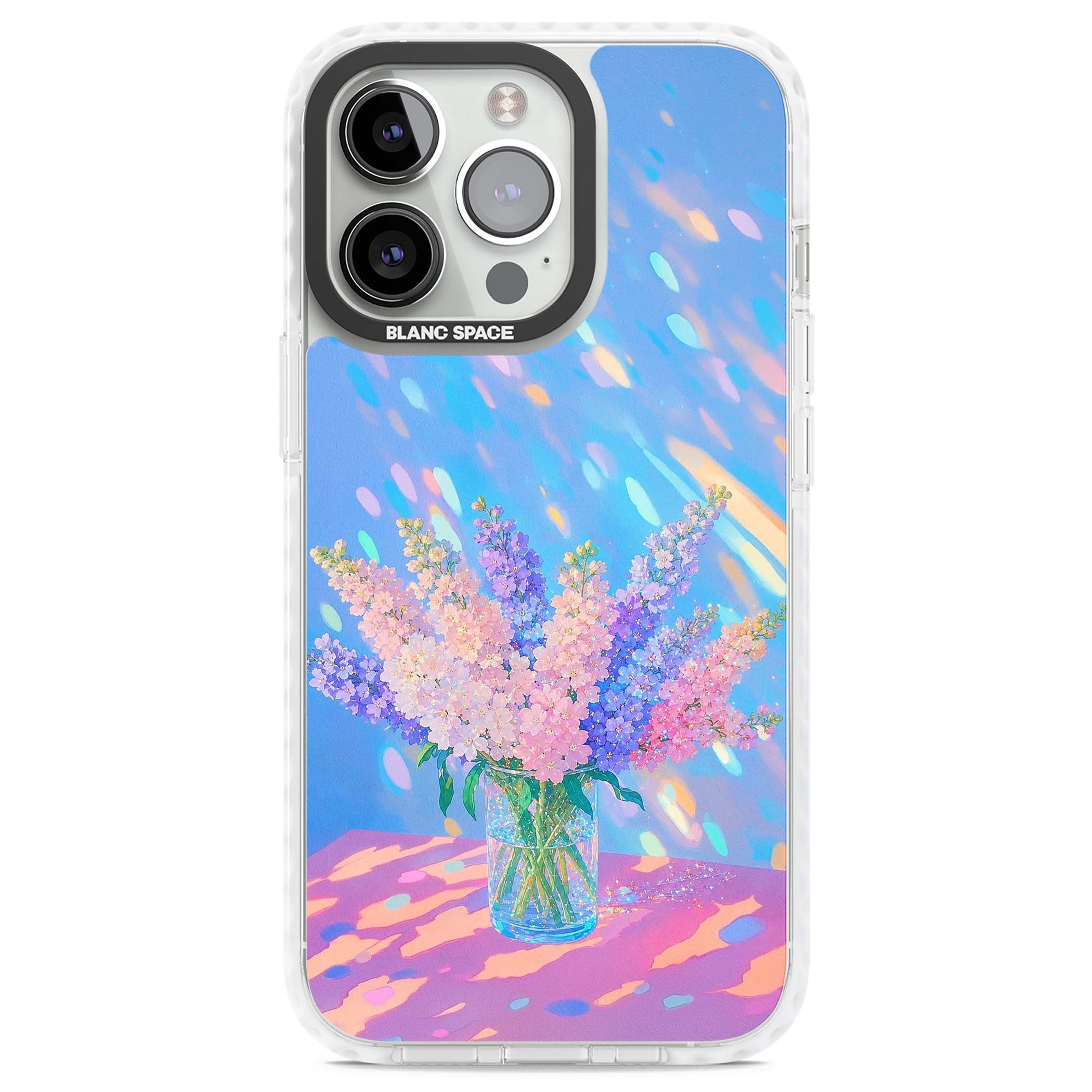Bubblegum Flowers floral iPhone case featuring pastel lilac and pink bouquet in a glass vase with iridescent light | Impact Magsafe case for iPhone 13 Pro, iPhone 14 Pro, iPhone 15 Pro