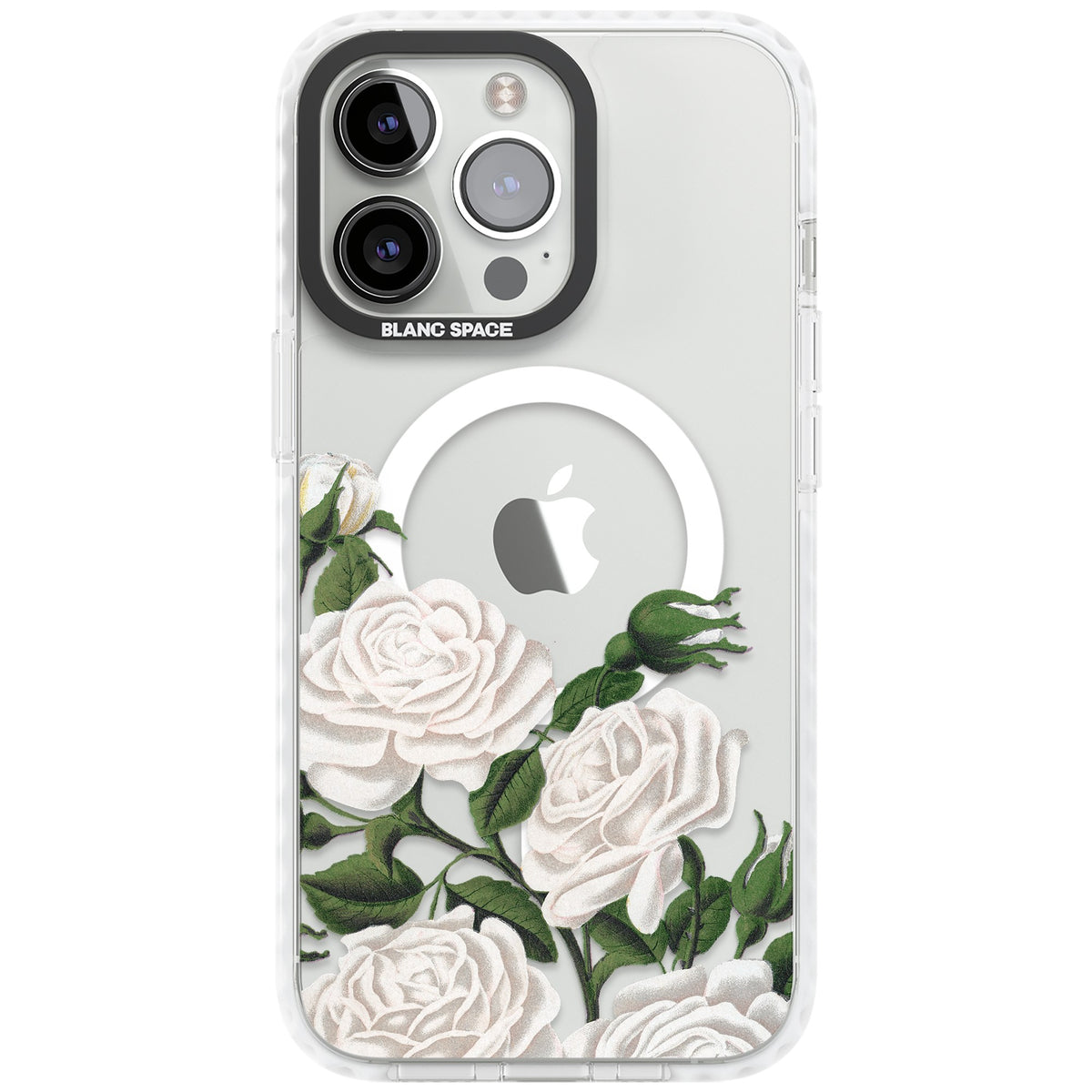 White Vintage Painted Flowers iPhone 13 Pro / iPhone 13 Pro Max / iPhone 14 Pro / iPhone 14 Pro Max / iPhone 15 Pro / iPhone 15 Pro Max Impact Pro Clear Phone Case front