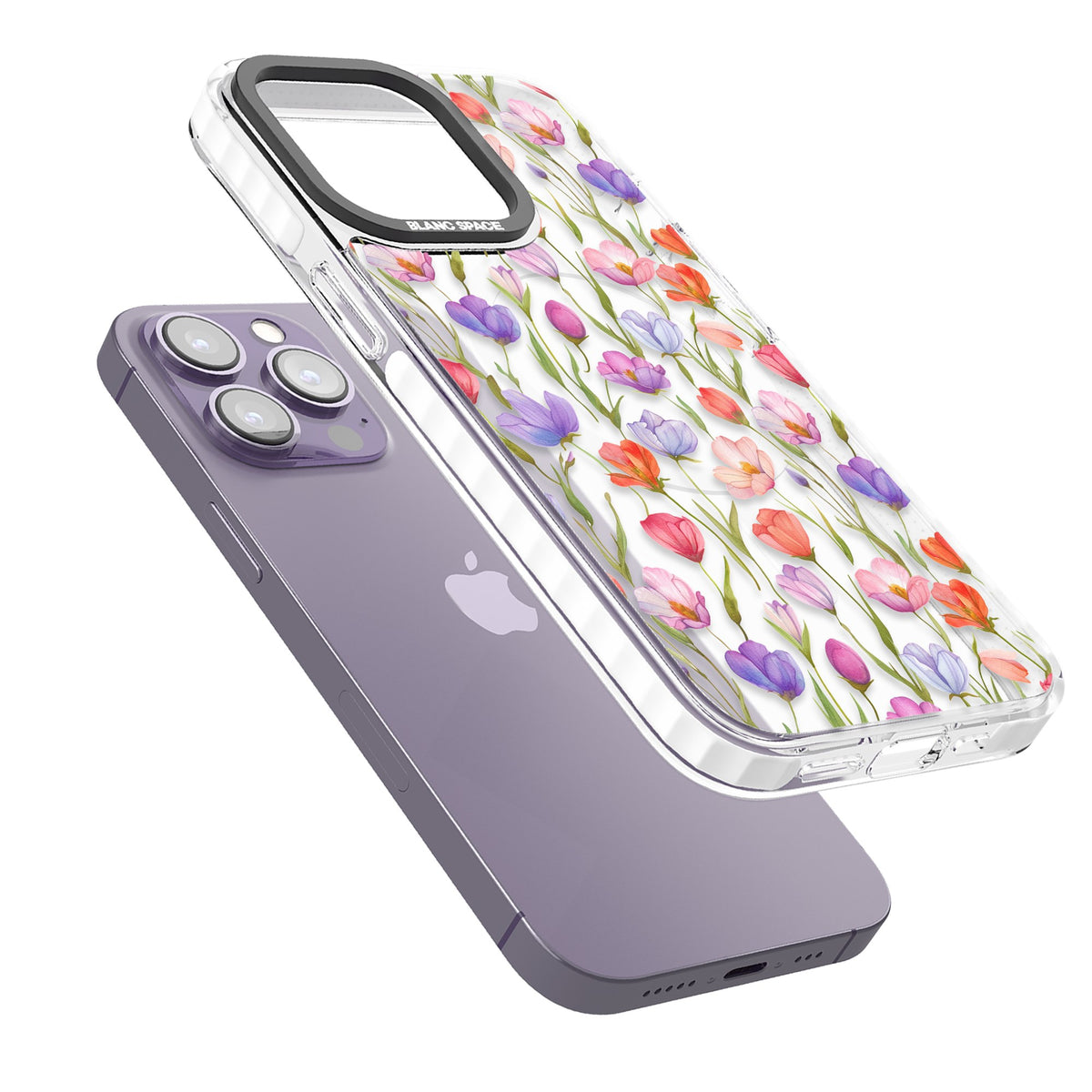 Red, Pink & Purple Flowers iPhone 13 Pro / iPhone 13 Pro Max / iPhone 14 Pro / iPhone 14 Pro Max / iPhone 15 Pro / iPhone 15 Pro Max Impact Pro Clear Phone Case angled