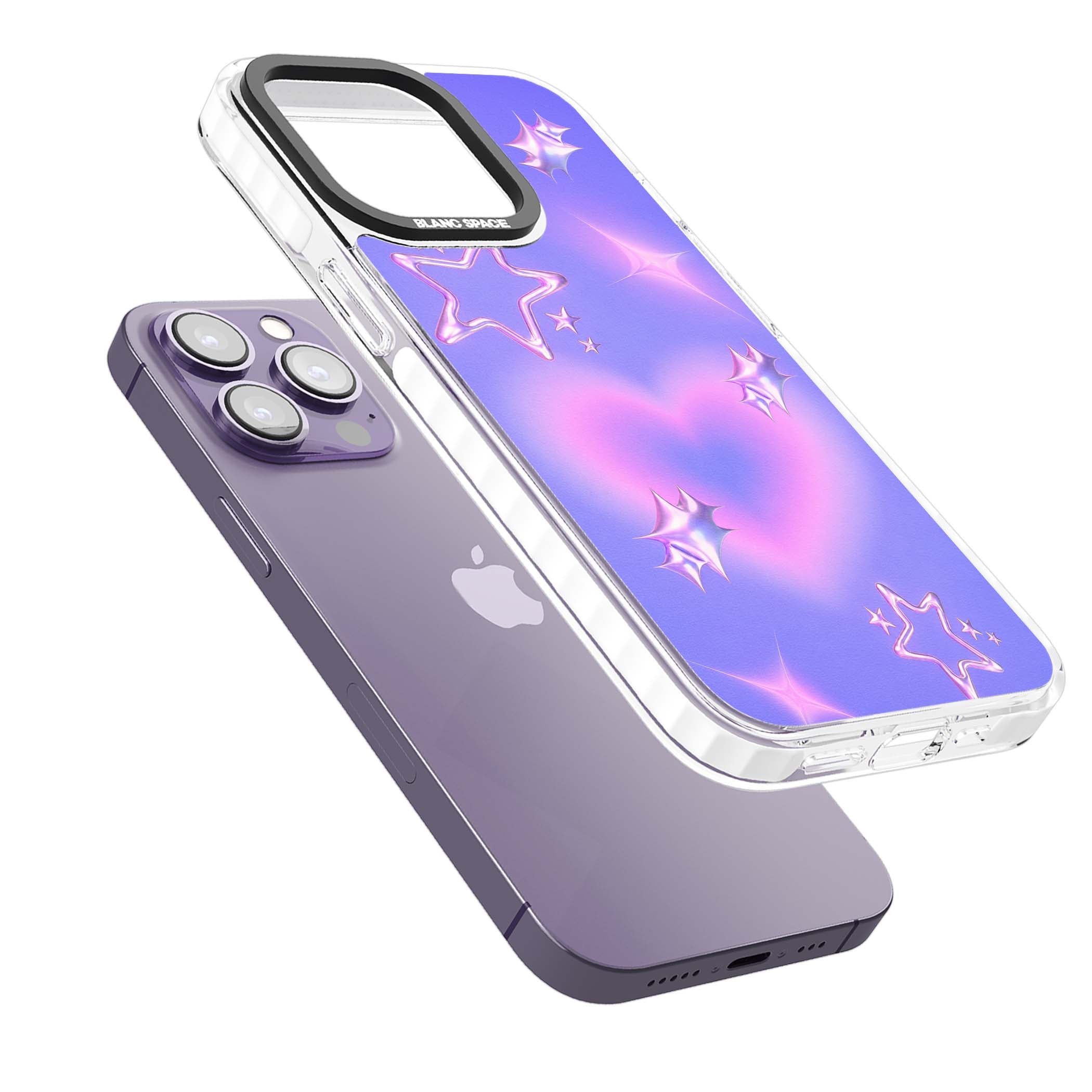 Soft Sugar Y2K iPhone case featuring iridescent chrome hearts, metallic pink stars and a lavender gradient sky | Impact Magsafe case for iPhone 13 Pro, iPhone 14 Pro, iPhone 15 Pro