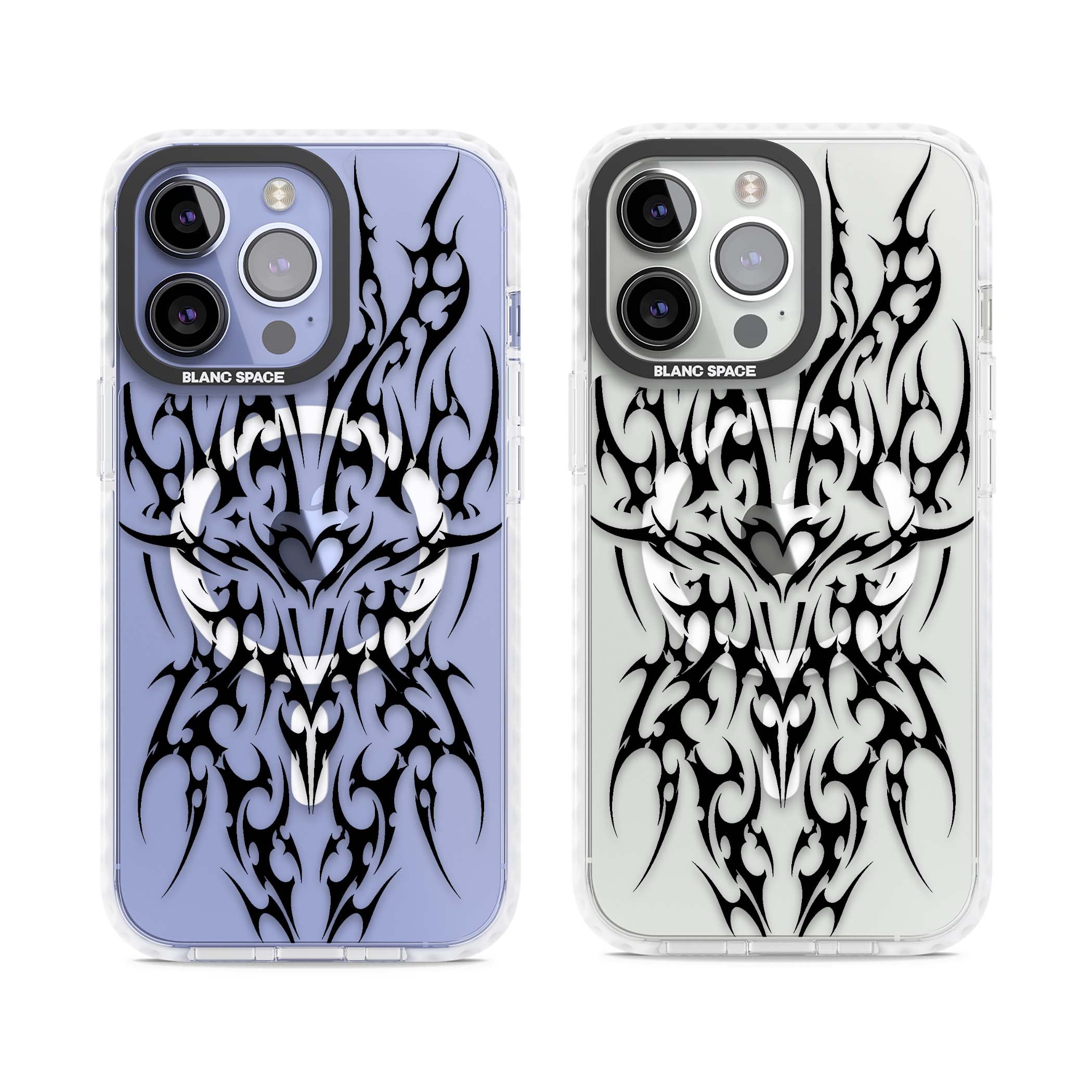 Neo Tribal Heart gothic iPhone case featuring symmetrical black tribal tattoo art with sharp thorn-like linework | Impact Magsafe case for iPhone 13 Pro, iPhone 14 Pro, iPhone 15 Pro