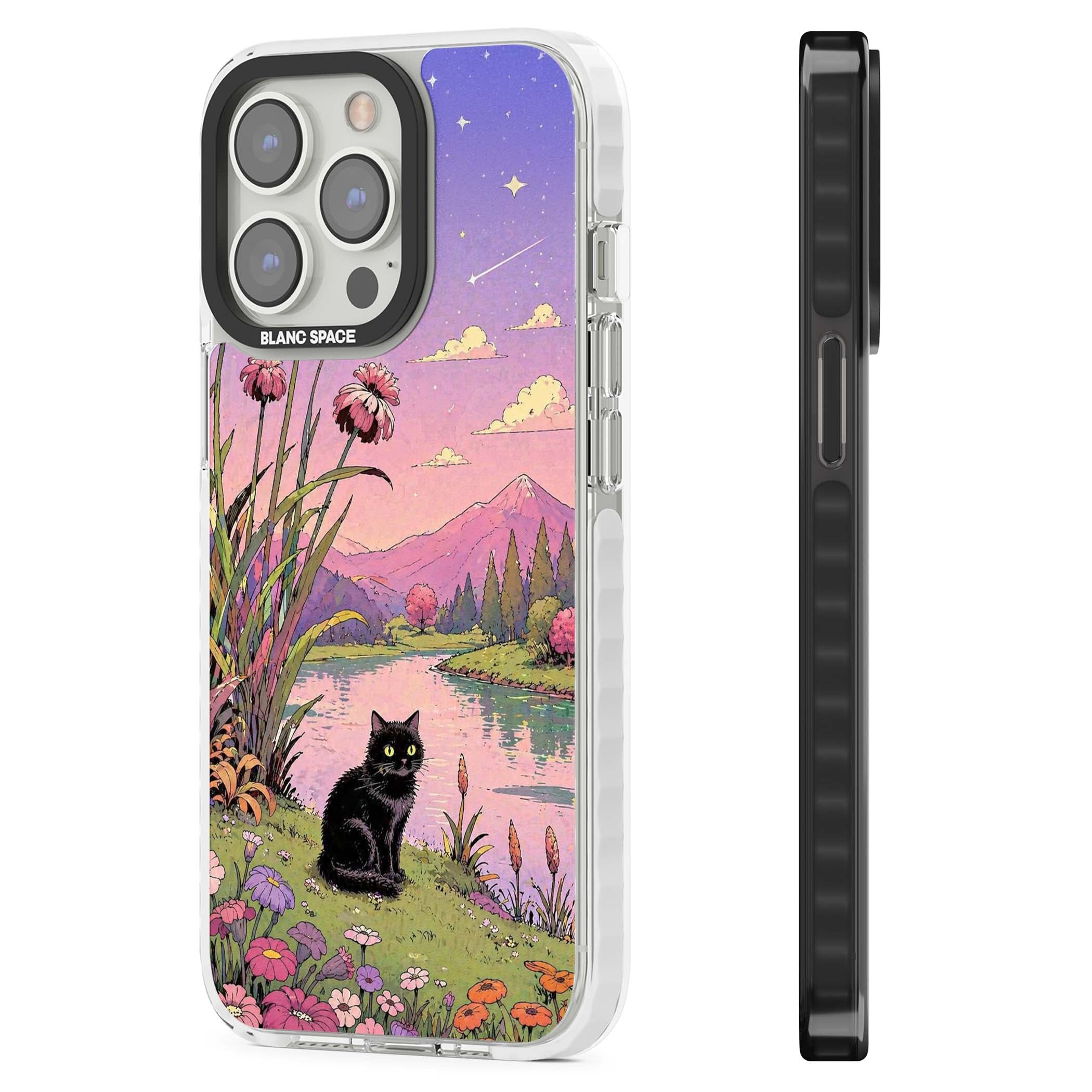 Mystic Whiskers ghibli iPhone case featuring a black cat by a pastel lake, wildflowers and a starry sunset sky | Clear Impact case for iPhone 13 Pro, iPhone 14 Pro, iPhone 15 Pro