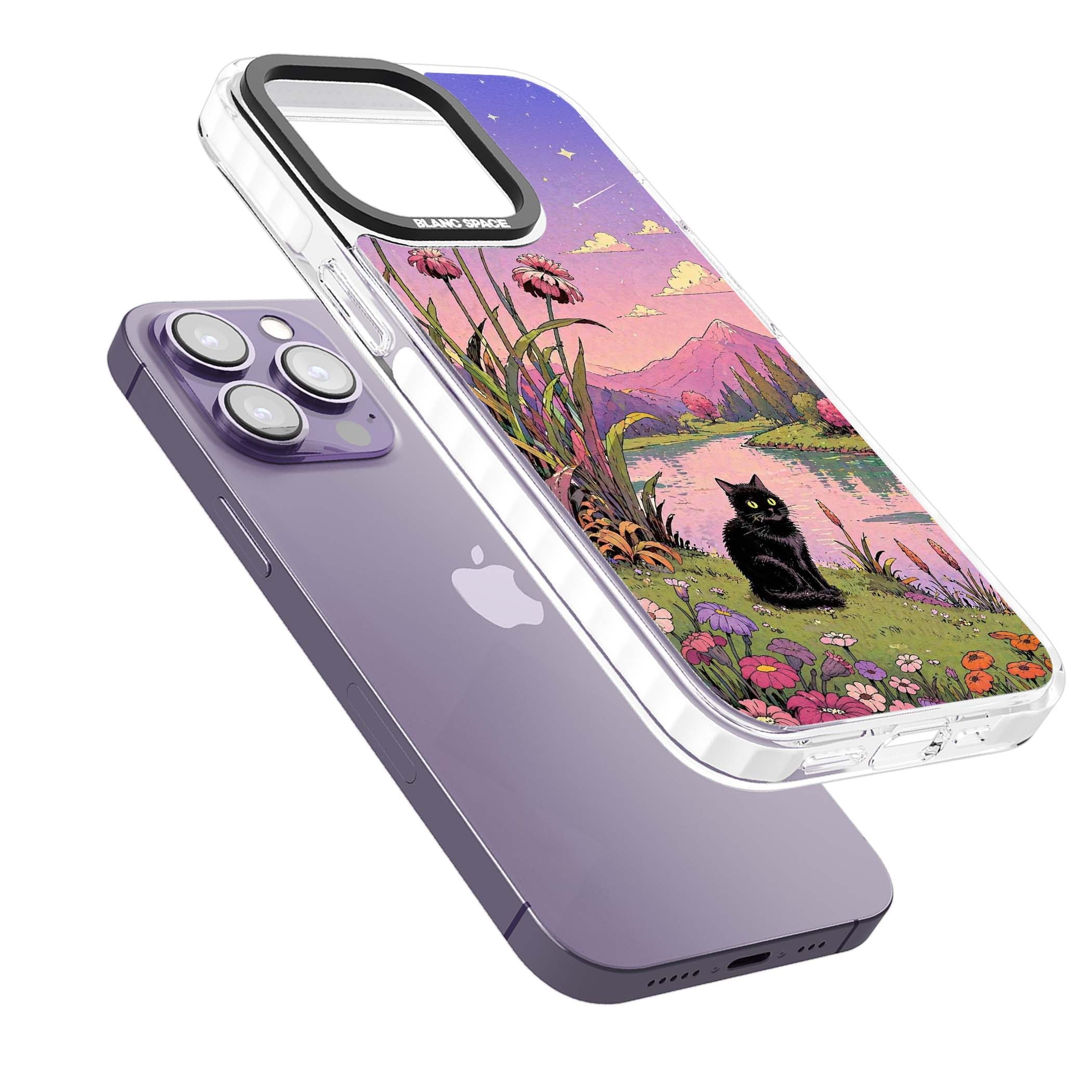 Mystic Whiskers ghibli iPhone case featuring a black cat by a pastel lake, wildflowers and a starry sunset sky | Clear Impact case for iPhone 13 Pro, iPhone 14 Pro, iPhone 15 Pro