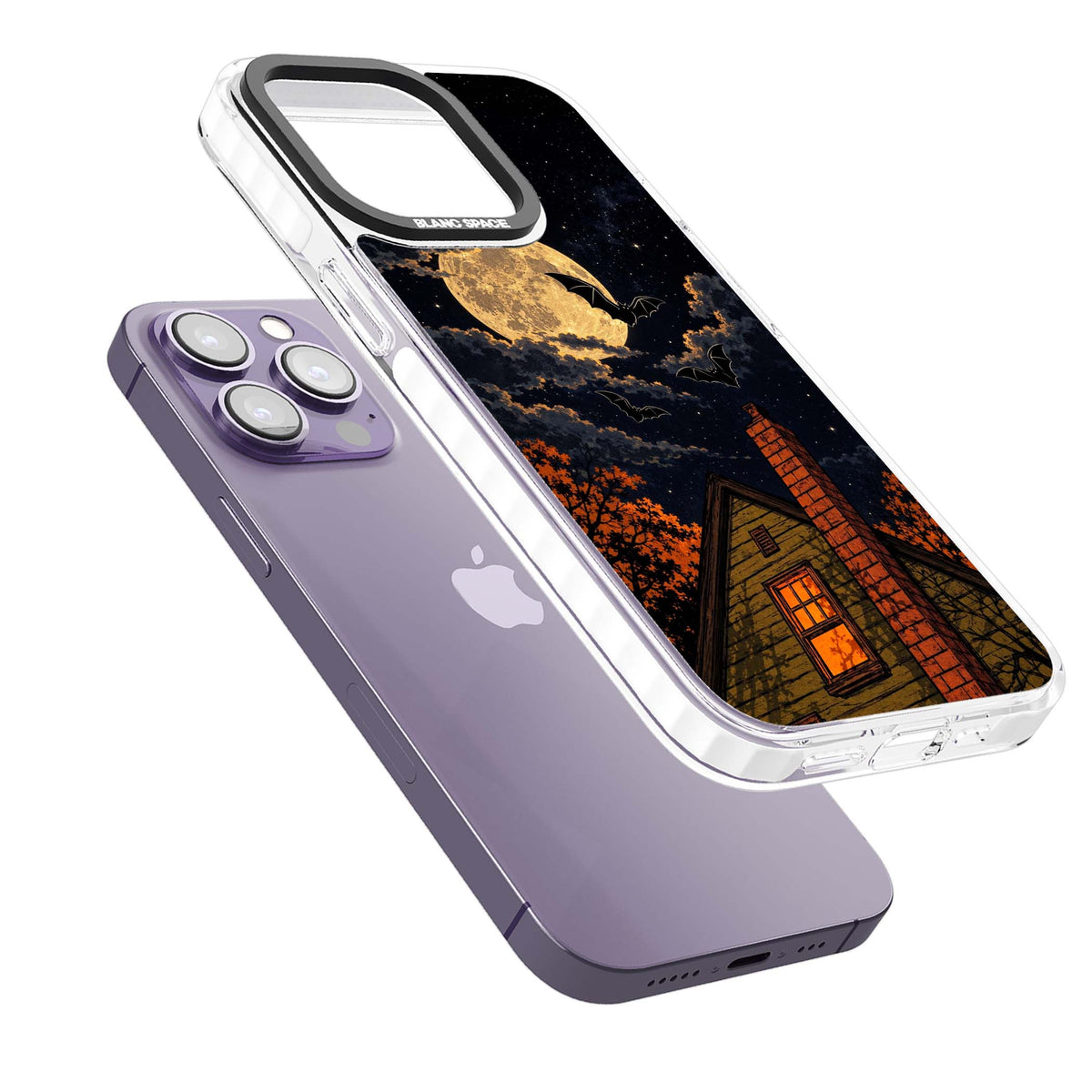 Hollows Eve Halloween iPhone case featuring a haunted house, full moon and flying bats against a starry autumn sky | Clear Impact case for iPhone 13 Pro, iPhone 14 Pro, iPhone 15 Pro