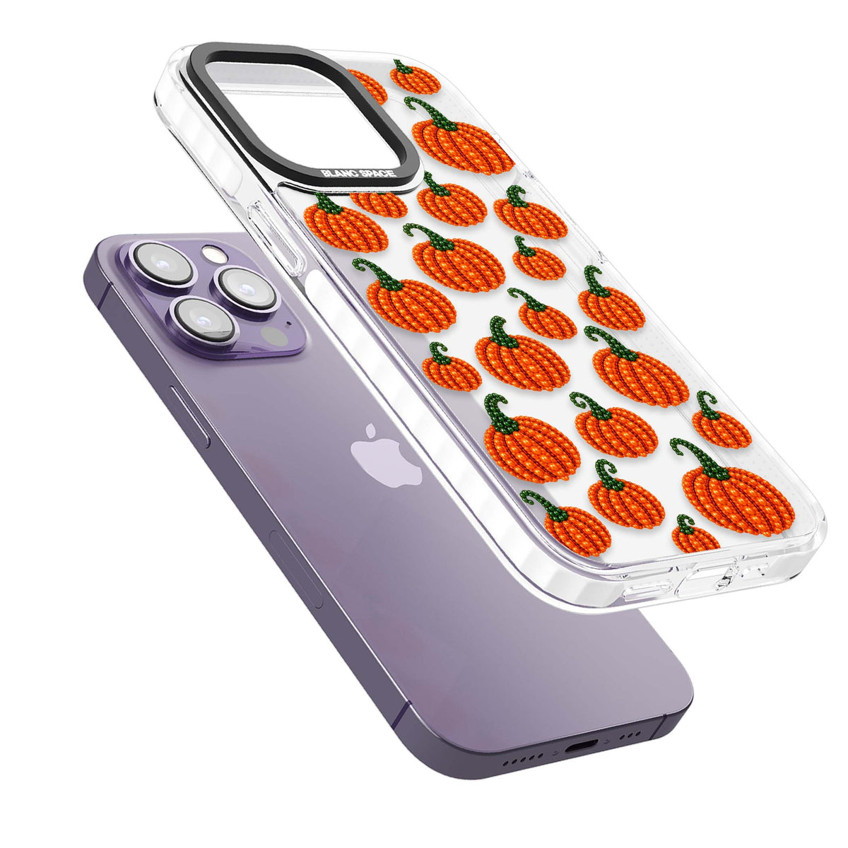 Beaded Pumpkins halloween iPhone case featuring beaded orange pumpkins with green stems on a clear background | Clear Impact case for iPhone 13 Pro, iPhone 14 Pro, iPhone 15 Pro