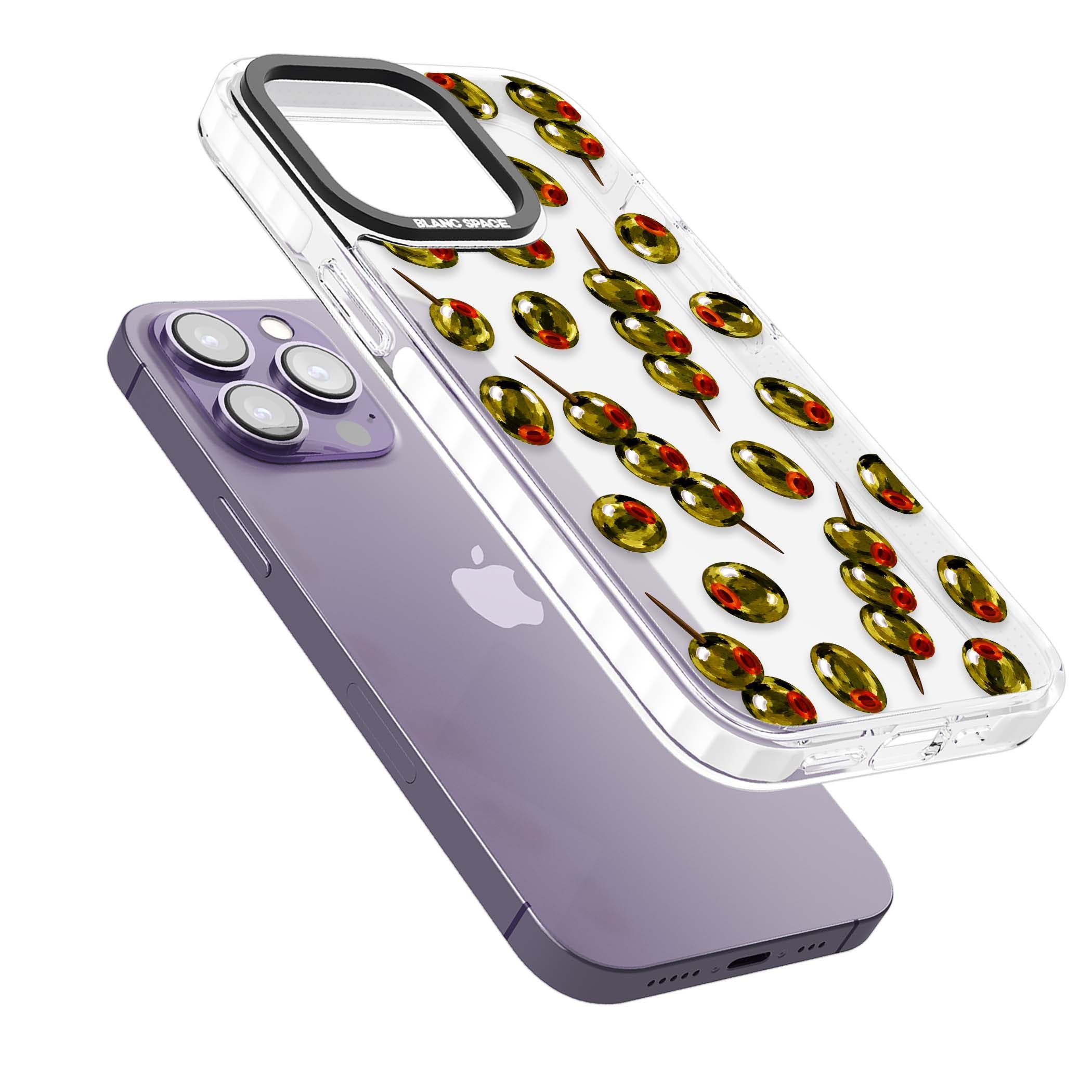 Painted Olives cocktail iPhone case featuring green olives, pimento centres and toothpick skewers on a clear background | Clear Impact case for iPhone 13 Pro, iPhone 14 Pro, iPhone 15 Pro