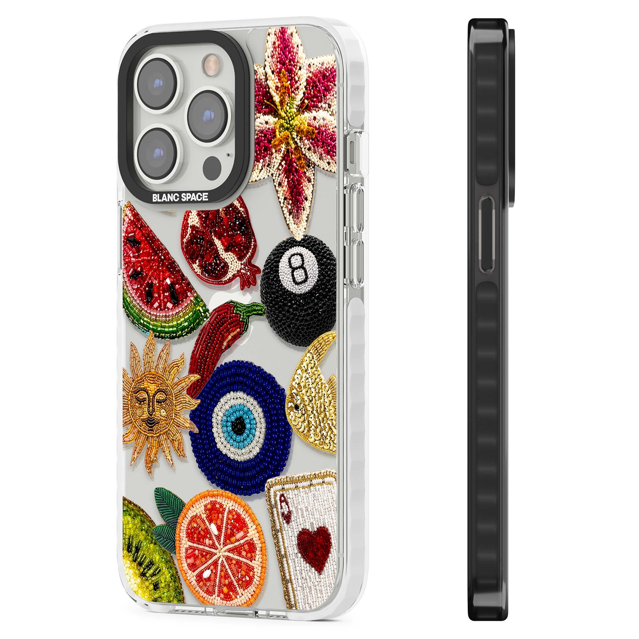 Beaded Charms embroidery iPhone case featuring beaded evil eye, fruit patches and a golden sun motif | Clear Impact case for iPhone 13 Pro, iPhone 14 Pro, iPhone 15 Pro