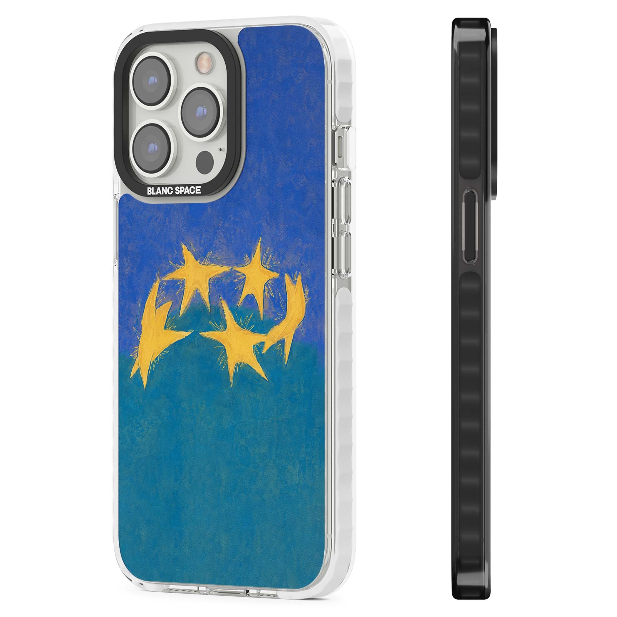 Star Boogie stars aesthetic iPhone case featuring five yellow hand-painted stars on cobalt blue and teal | Clear Impact case for iPhone 13 Pro, iPhone 14 Pro, iPhone 15 Pro