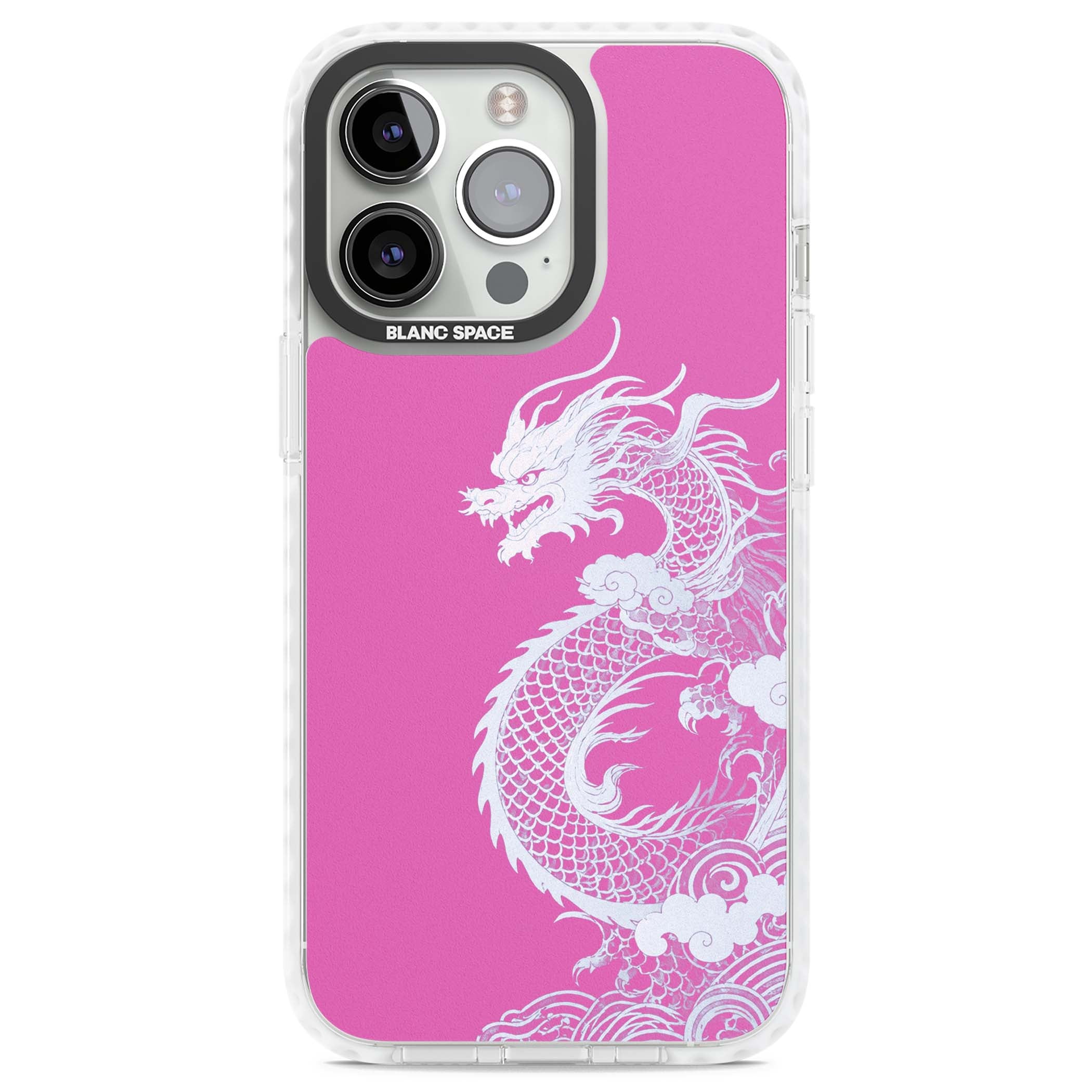 Pink Empress chinese dragon iPhone case featuring a white dragon, swirling clouds and pink dragon wallpaper backdrop | Clear Impact case for iPhone 13 Pro, iPhone 14 Pro, iPhone 15 Pro