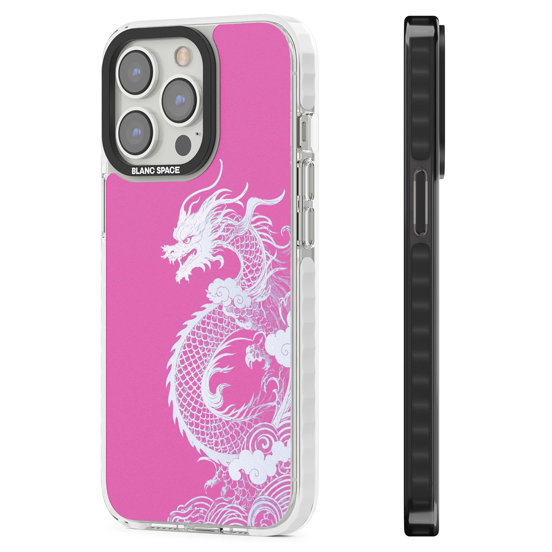 Pink Empress chinese dragon iPhone case featuring a white dragon, swirling clouds and pink dragon wallpaper backdrop | Clear Impact case for iPhone 13 Pro, iPhone 14 Pro, iPhone 15 Pro