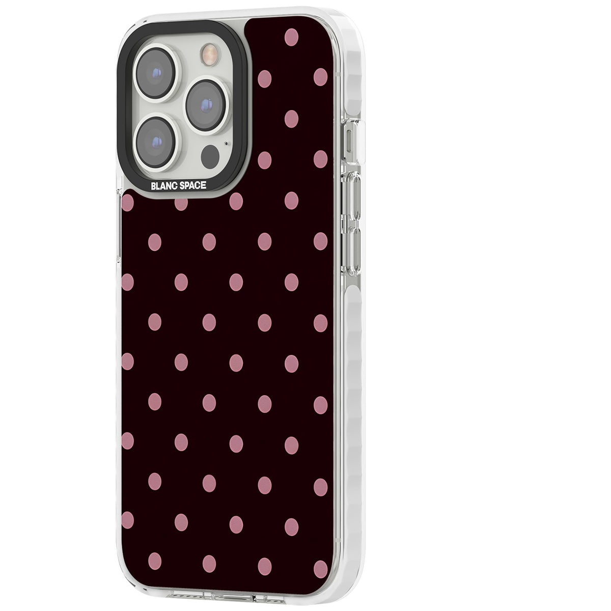 Merlot Dots polka dot iPhone case featuring dusty pink spots on a deep burgundy background in a retro grid iPhone 12 Pro Max / iPhone 13 Pro / iPhone 13 Pro Max / iPhone 14 Pro / iPhone 14 Pro Max / iPhone 15 Pro / iPhone 15 Pro Max Impact Clear Phone Case side