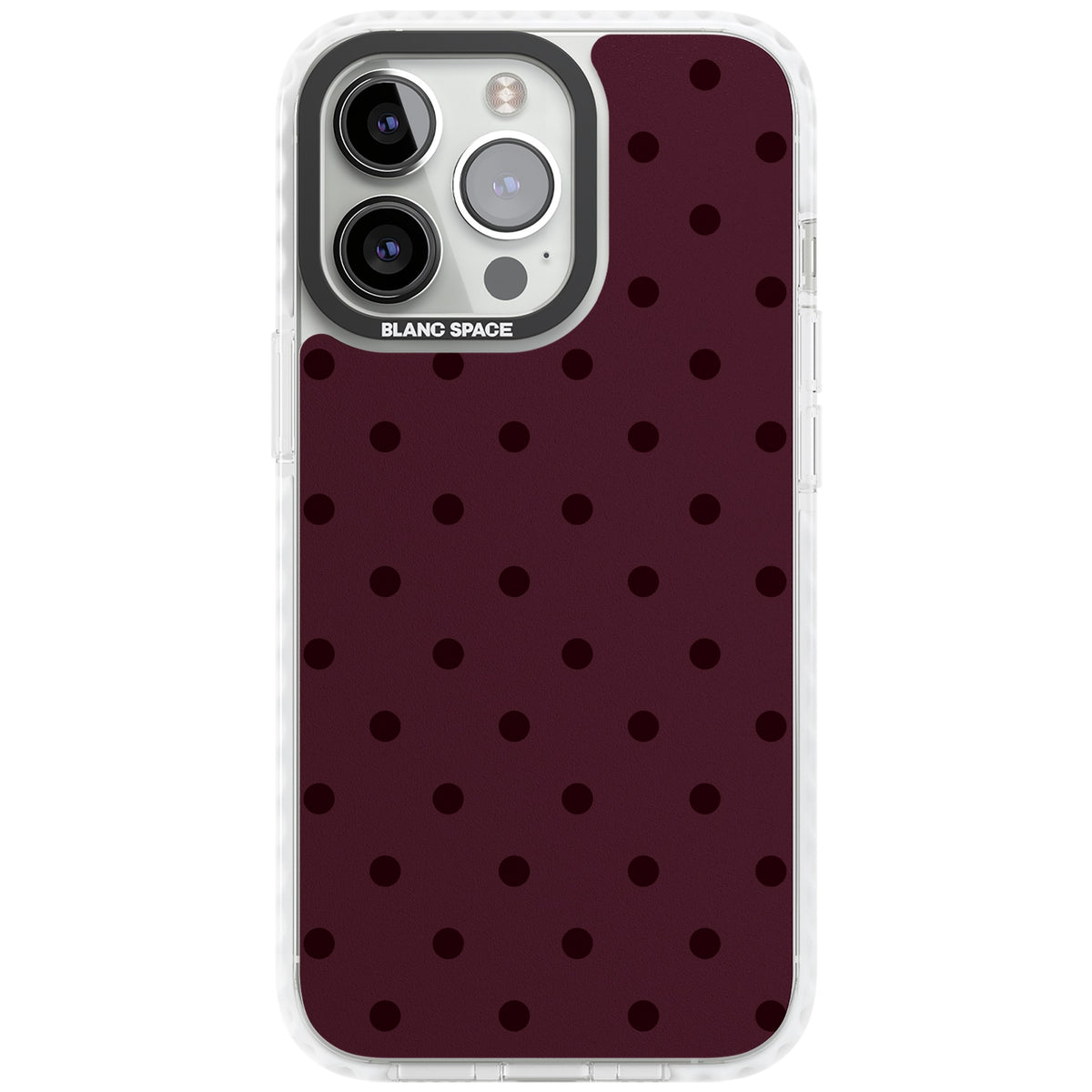 Burgundy Polka Dot minimalist iPhone case featuring black polka dots on a deep burgundy wine red background iPhone 12 Pro Max / iPhone 13 Pro / iPhone 13 Pro Max / iPhone 14 Pro / iPhone 14 Pro Max / iPhone 15 Pro / iPhone 15 Pro Max Impact Clear Phone Case front