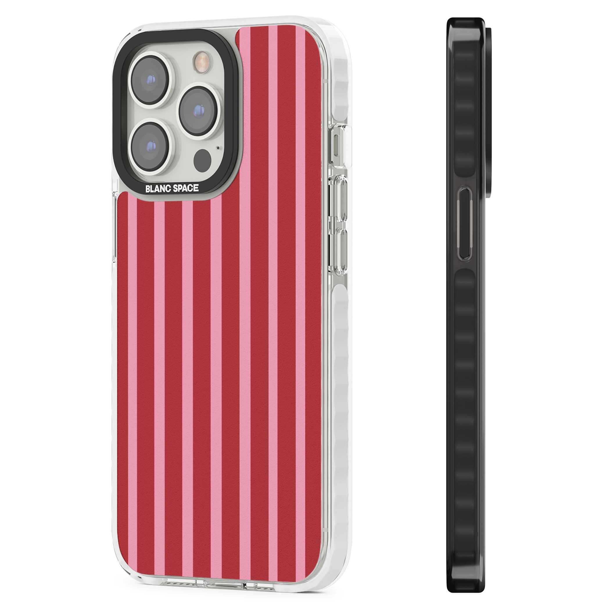 Raspberry Stripe coquette iPhone case featuring red and pink vertical stripes in a candy-inspired pattern | Clear Impact case for iPhone 13 Pro, iPhone 14 Pro, iPhone 15 Pro