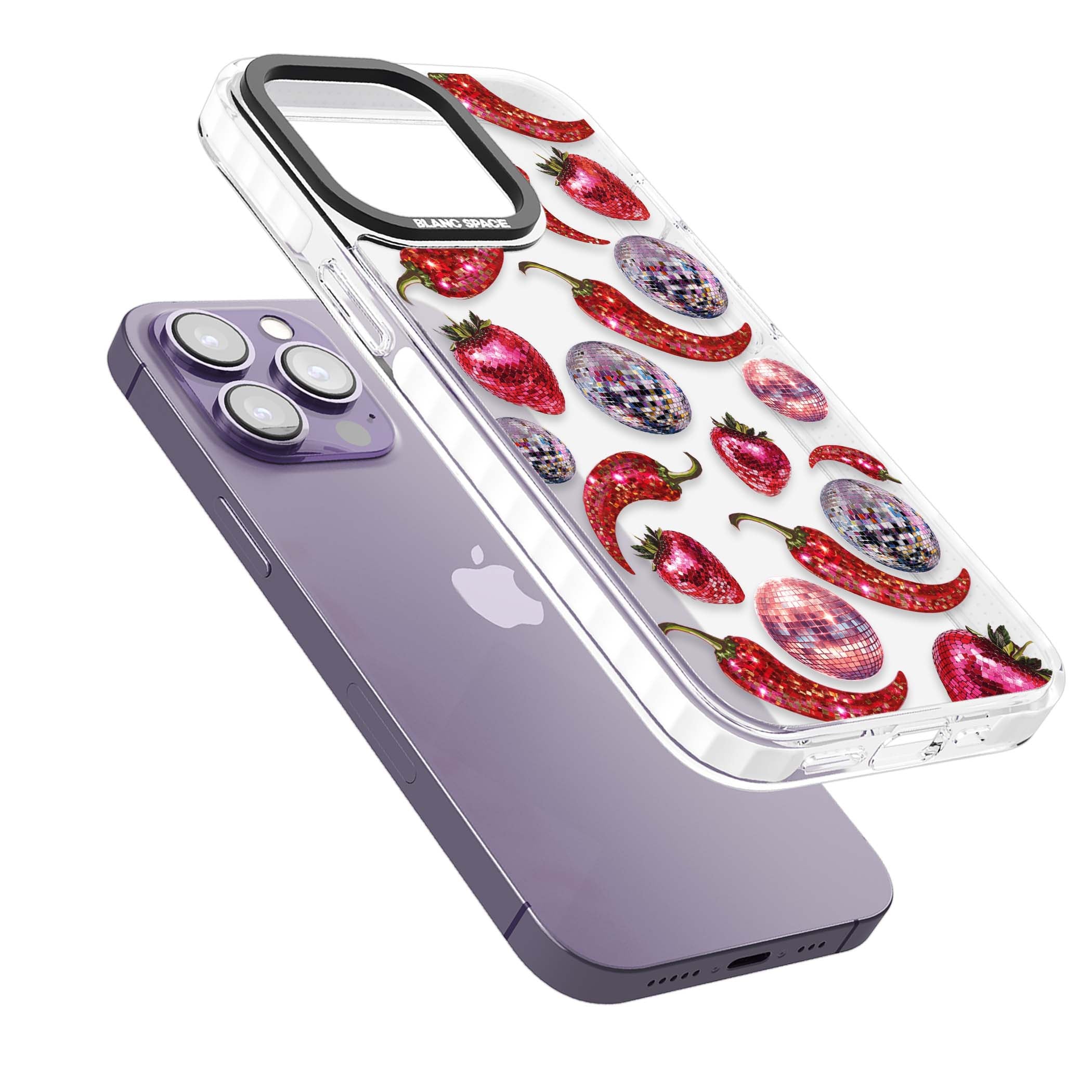 Spicy Disco Y2K iPhone case featuring glitter disco balls, sparkly strawberries and red chilli peppers | Clear Impact case for iPhone 13 Pro, iPhone 14 Pro, iPhone 15 Pro