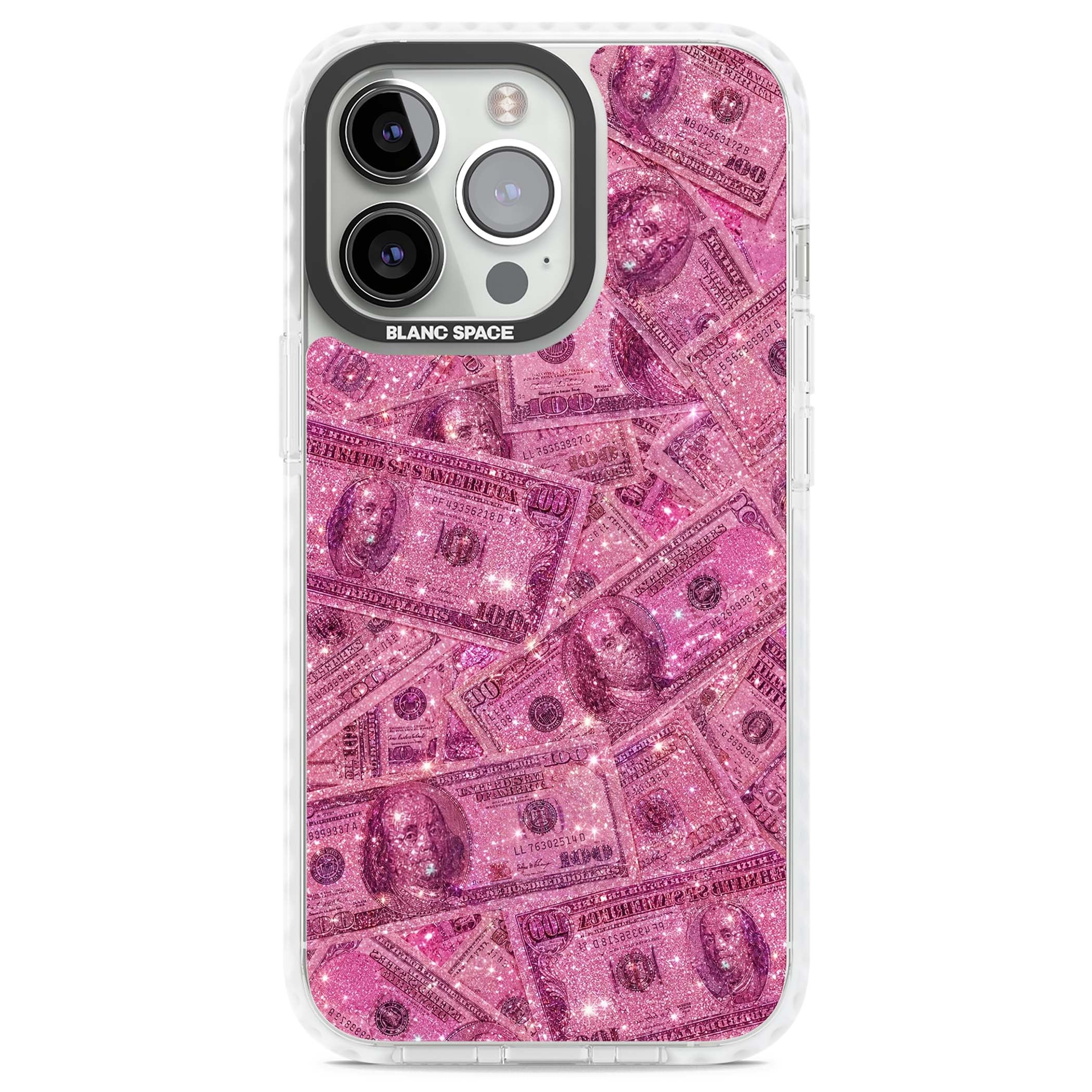 Glamorous baddie iPhone case featuring pink glitter hundred dollar bills and sparkling money wallpaper design | Clear Impact case for iPhone 13 Pro, iPhone 14 Pro, iPhone 15 Pro