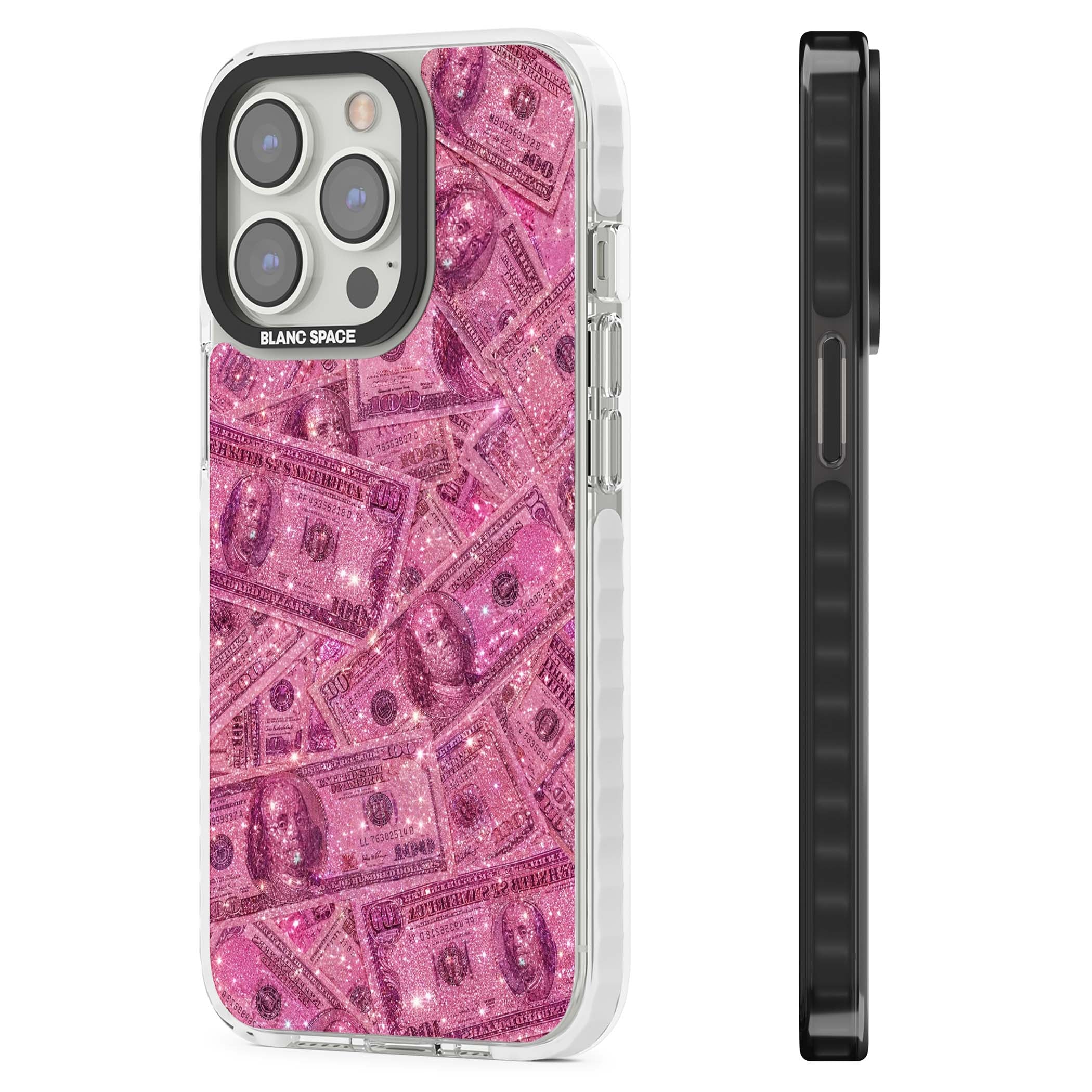 Glamorous baddie iPhone case featuring pink glitter hundred dollar bills and sparkling money wallpaper design | Clear Impact case for iPhone 13 Pro, iPhone 14 Pro, iPhone 15 Pro