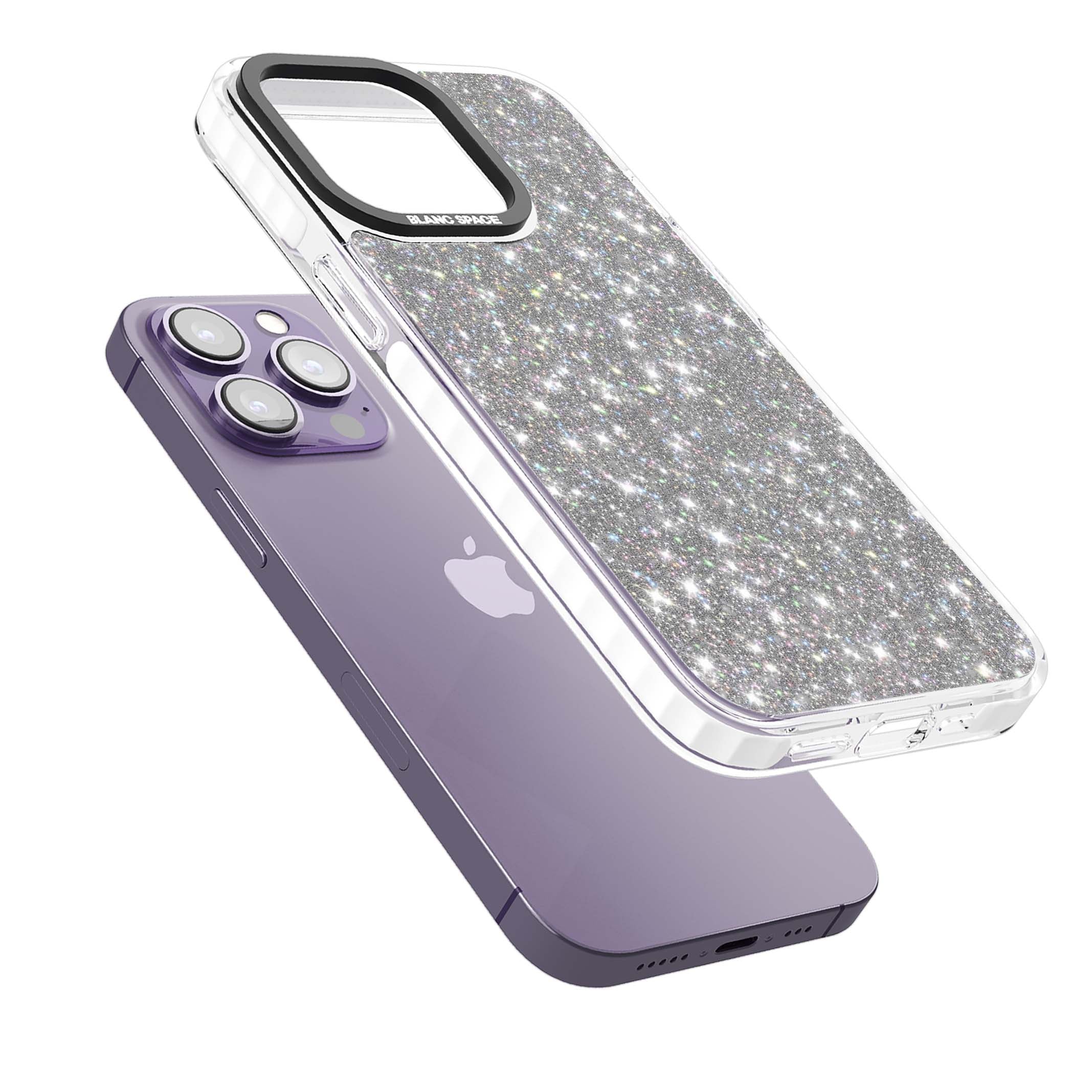 Diamond glam iPhone case featuring silver glitter sparkle and shimmering diamond dust effect | Clear Impact case for iPhone 13 Pro, iPhone 14 Pro, iPhone 15 Pro