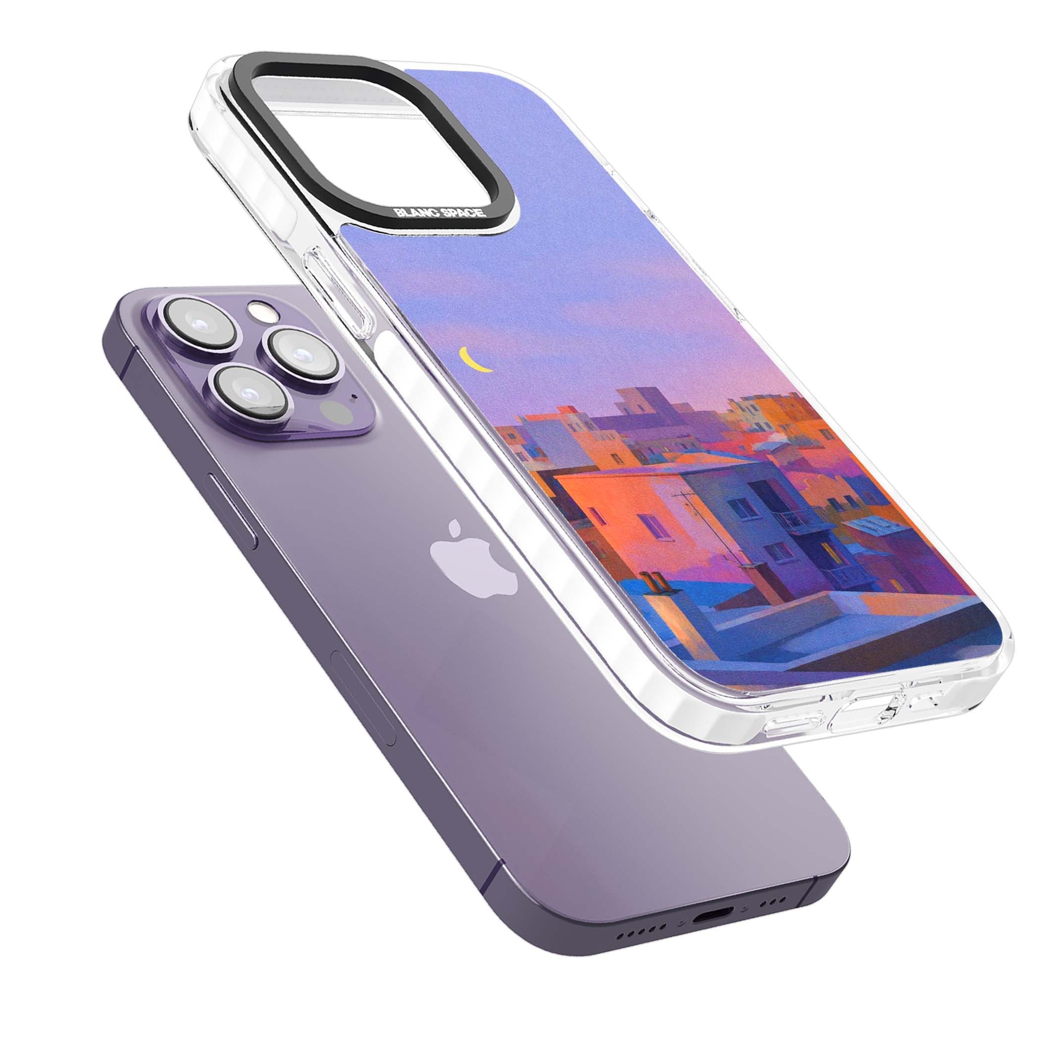 Twilight Rooftops vaporwave iPhone case featuring a pastel sunset cityscape, painted rooftops and a crescent moon. | Clear Impact case for iPhone 13 Pro, iPhone 14 Pro, iPhone 15 Pro