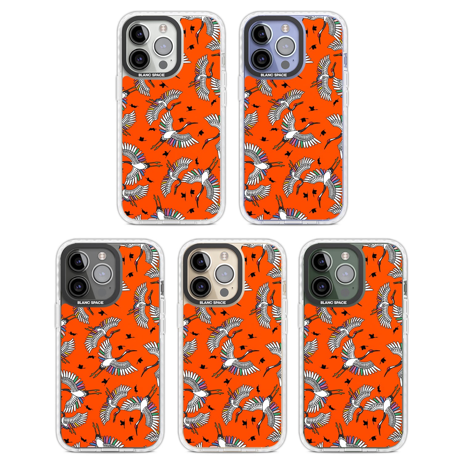 Colourful Crane Pattern (Orange) Clear Impact Phone Case for iPhone 13 Pro, iPhone 14 Pro, iPhone 15 Pro