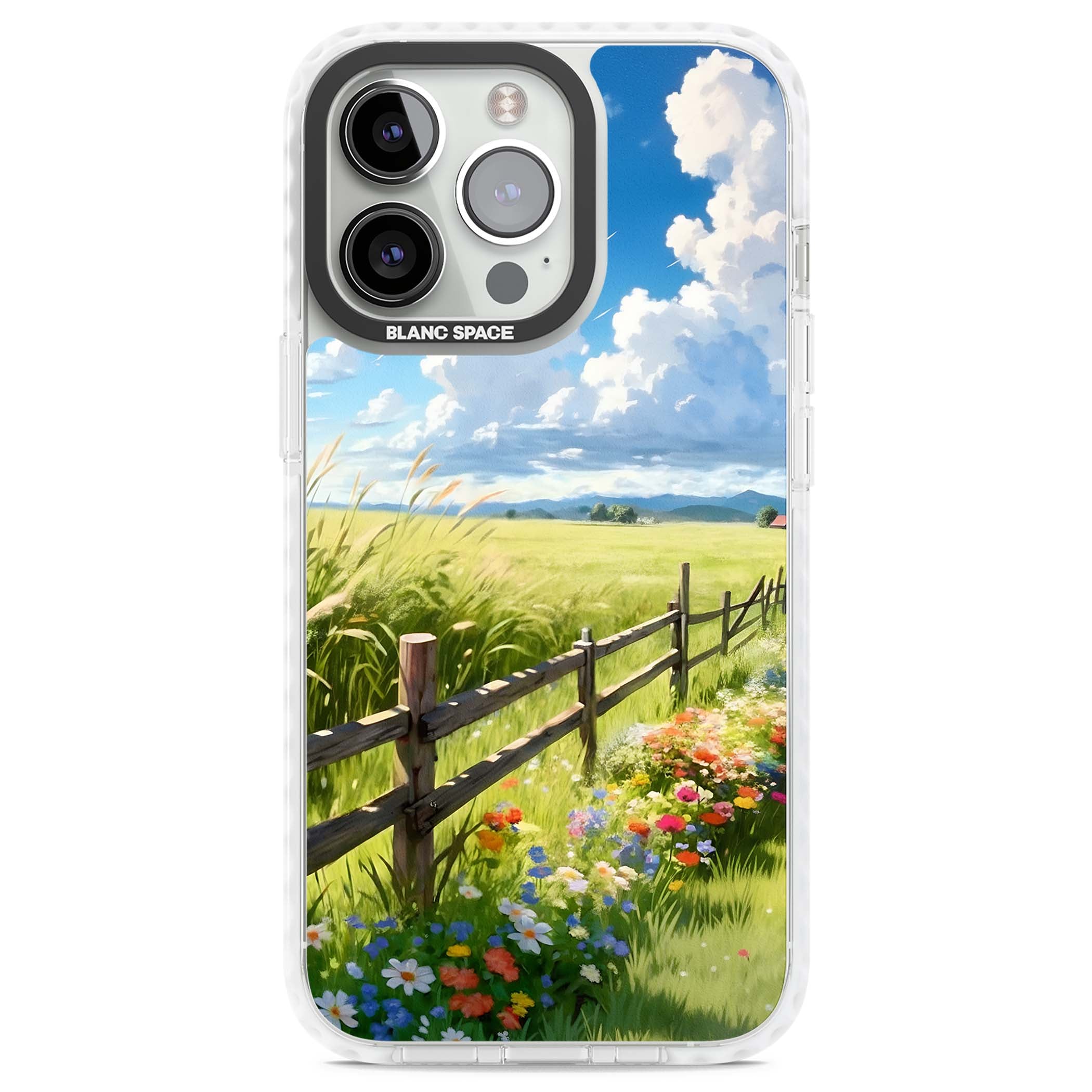 A Countryside Afternoon cottagecore iPhone case featuring a painted countryside meadow, wooden fence, and wildflowers beneath | Clear Impact case for iPhone 13 Pro, iPhone 14 Pro, iPhone 15 Pro