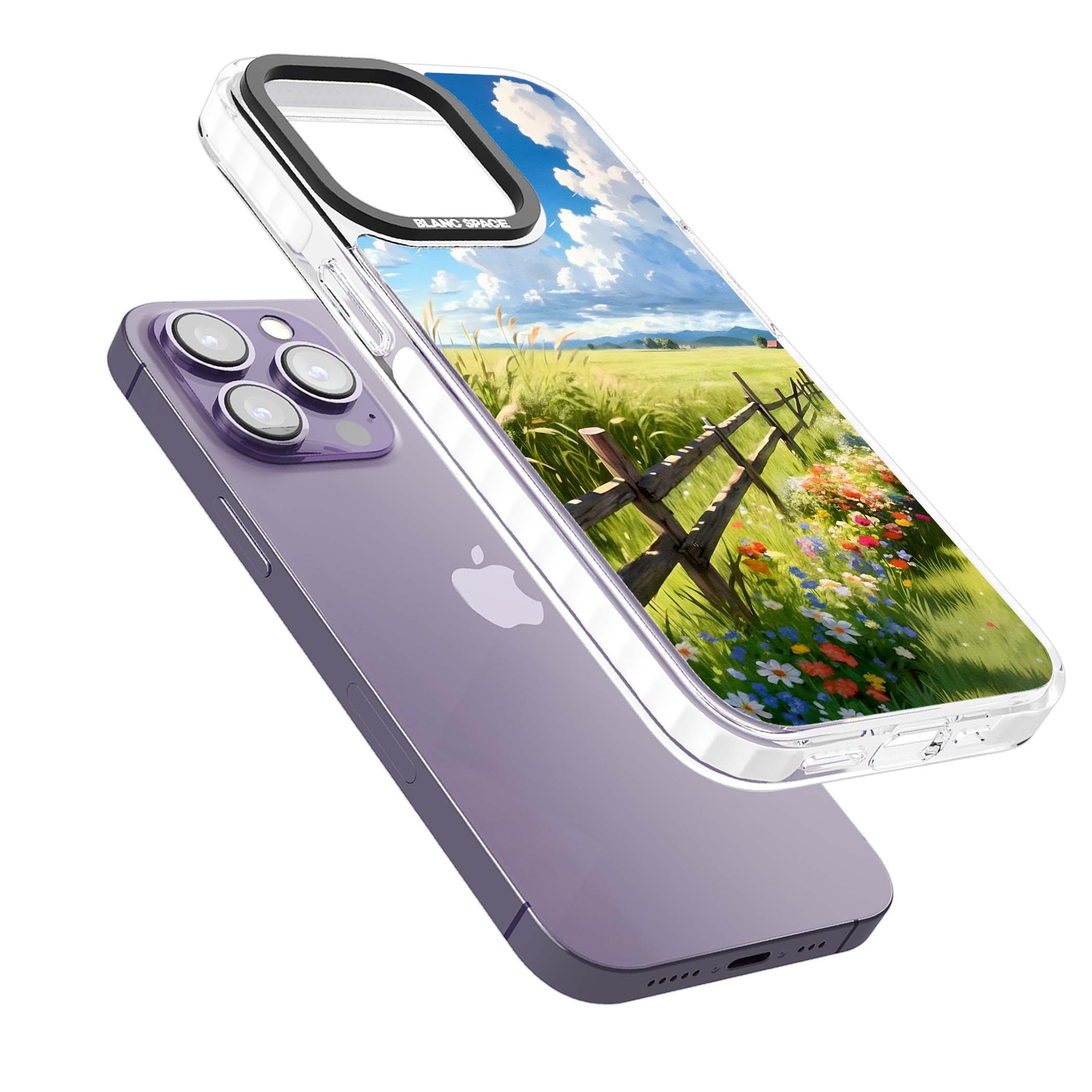 A Countryside Afternoon cottagecore iPhone case featuring a painted countryside meadow, wooden fence, and wildflowers beneath | Clear Impact case for iPhone 13 Pro, iPhone 14 Pro, iPhone 15 Pro