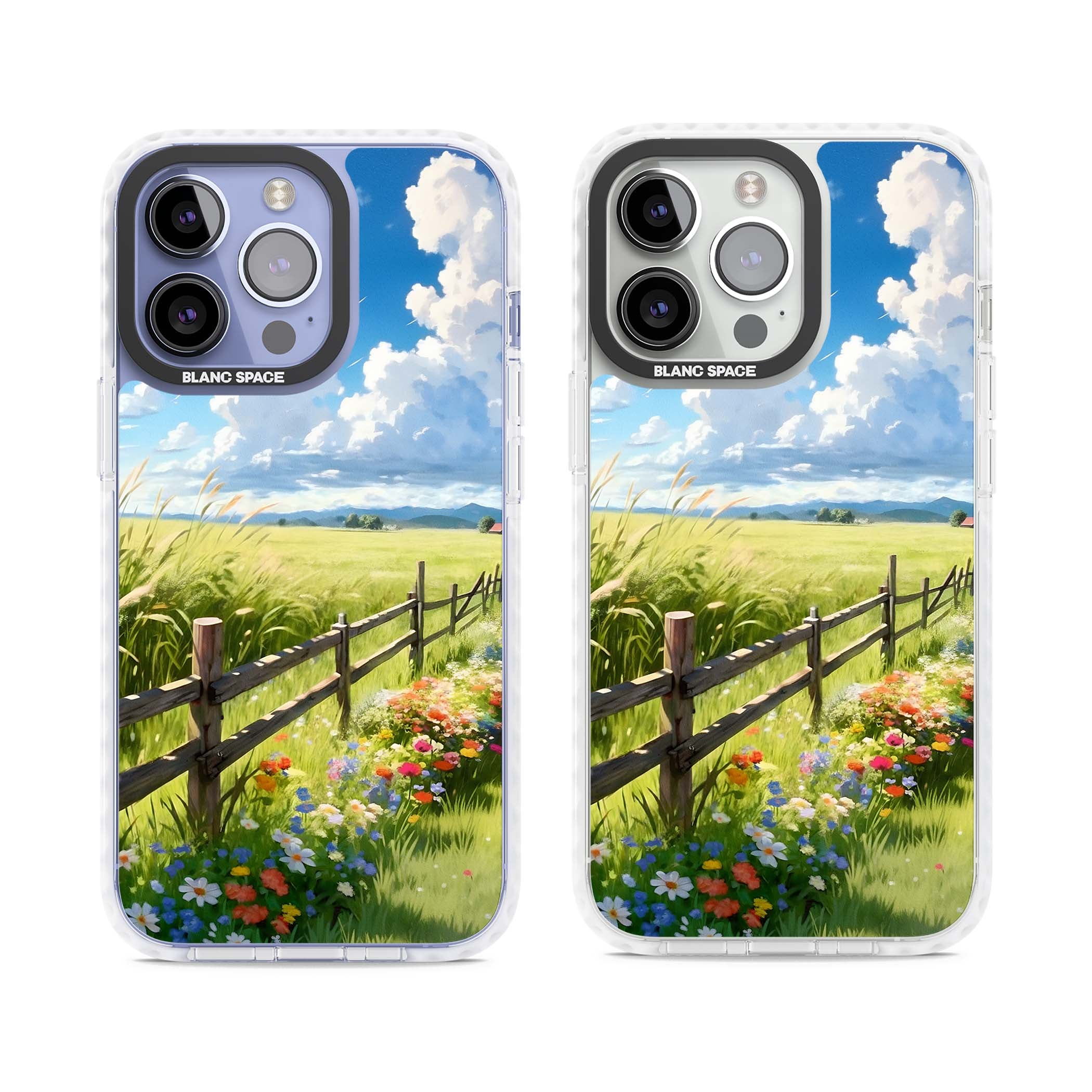 A Countryside Afternoon cottagecore iPhone case featuring a painted countryside meadow, wooden fence, and wildflowers beneath | Clear Impact case for iPhone 13 Pro, iPhone 14 Pro, iPhone 15 Pro