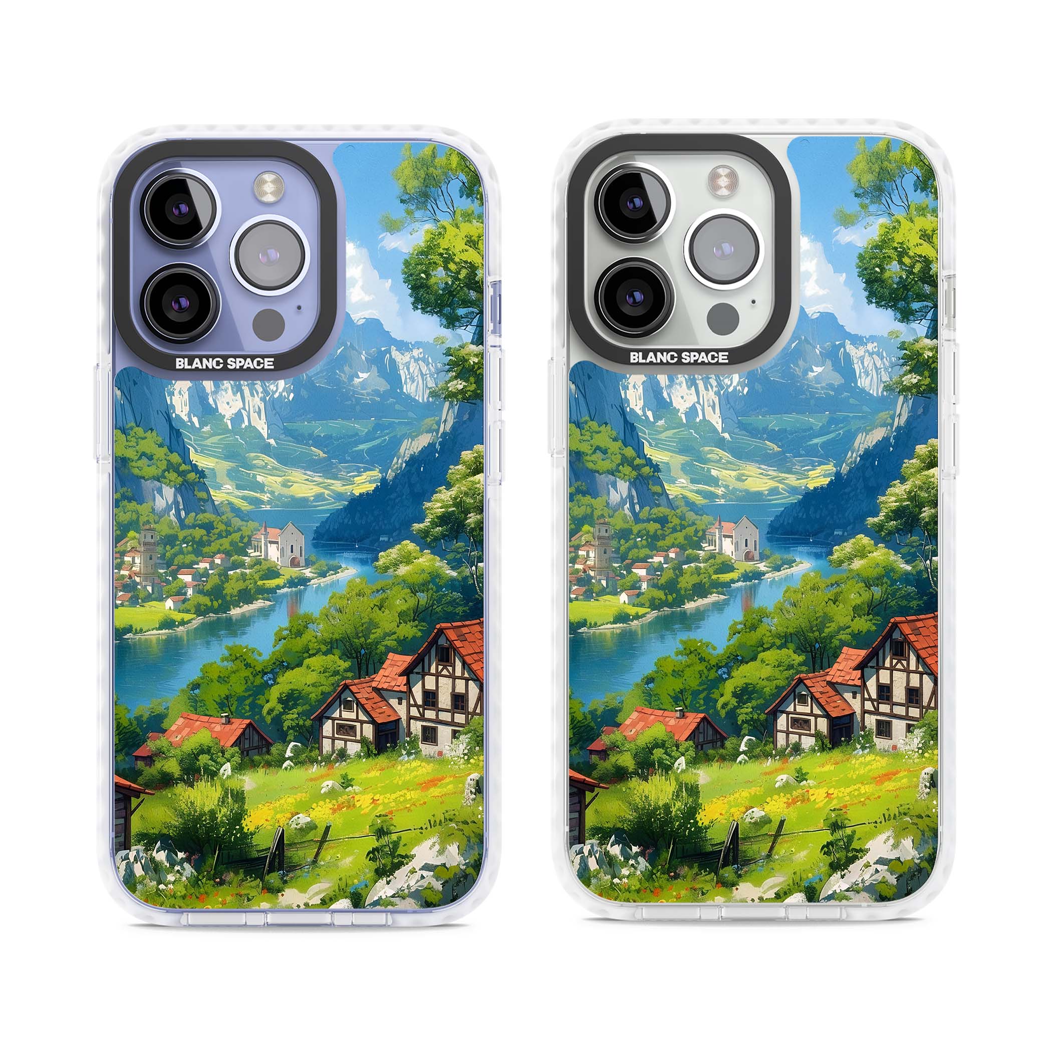 Village In The Valley anime iPhone case featuring a painted mountain village, river valley and half-timbered cottages. | Clear Impact case for iPhone 13 Pro, iPhone 14 Pro, iPhone 15 Pro