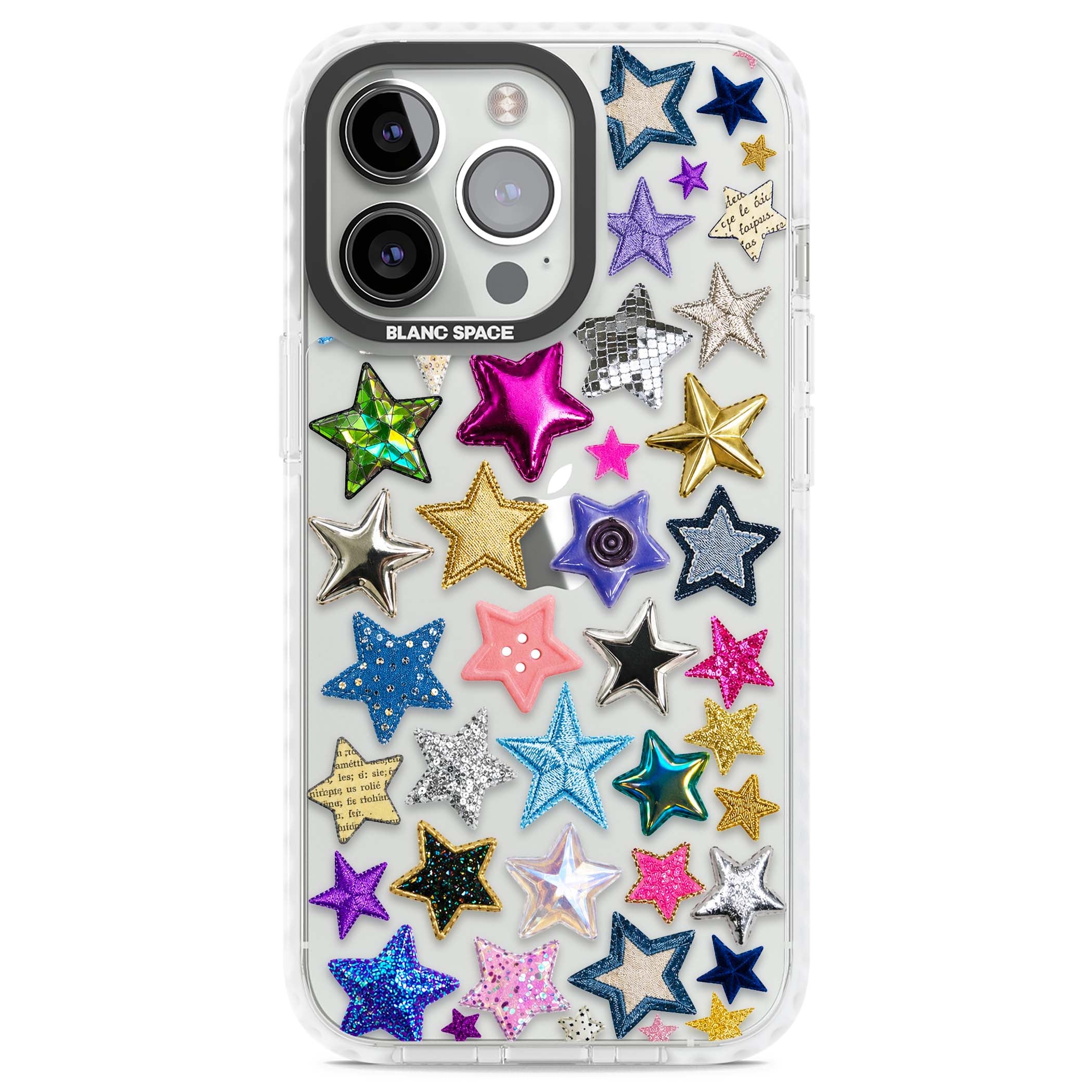 Crafty Star Mix Y2K iPhone case featuring embroidered, sequinned and glitter star patches in rainbow colours | Clear Impact case for iPhone 13 Pro, iPhone 14 Pro, iPhone 15 Pro