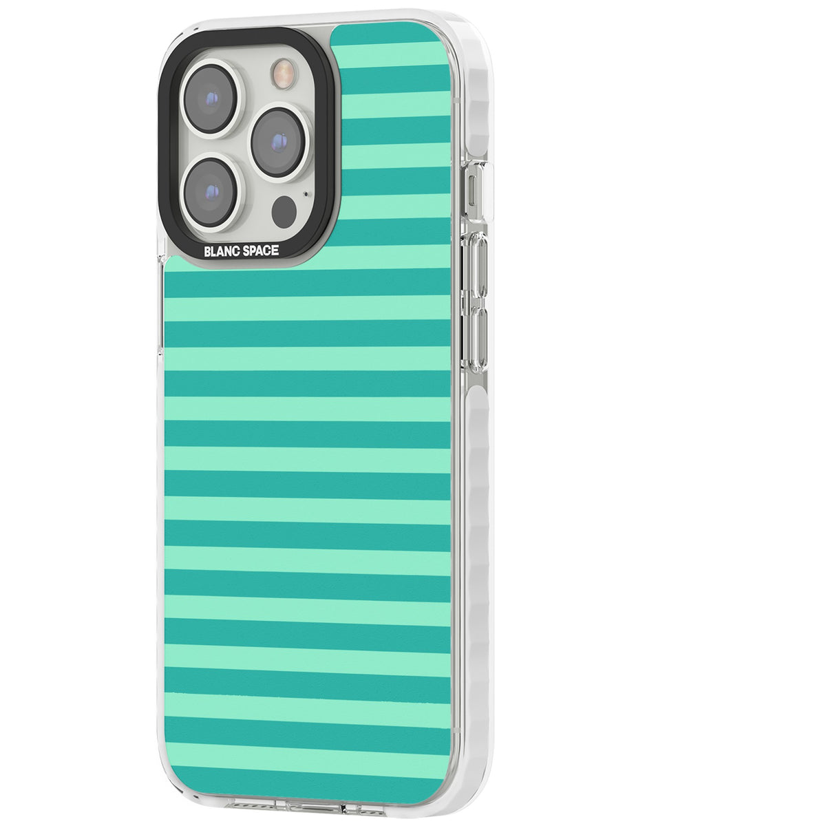 Turquoise Stripe preppy iPhone case featuring horizontal teal and mint green stripes on a black protective frame iPhone 12 Pro Max / iPhone 13 Pro / iPhone 13 Pro Max / iPhone 14 Pro / iPhone 14 Pro Max / iPhone 15 Pro / iPhone 15 Pro Max Impact Clear Phone Case side