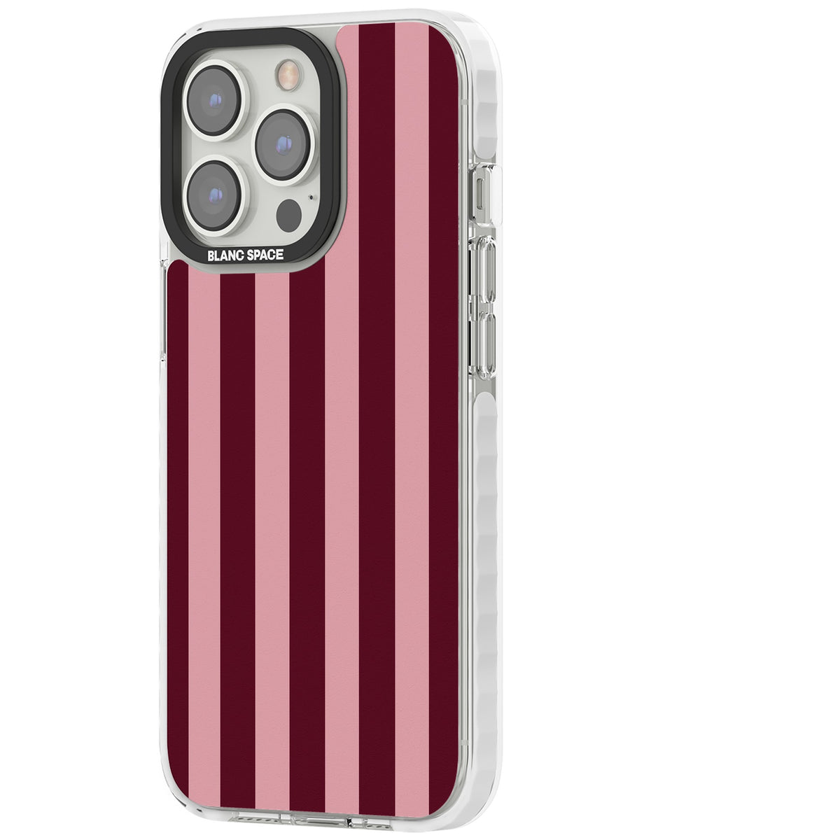 Bordeaux Belle preppy iPhone case featuring bold vertical stripes in burgundy and soft blush pink iPhone 12 Pro Max / iPhone 13 Pro / iPhone 13 Pro Max / iPhone 14 Pro / iPhone 14 Pro Max / iPhone 15 Pro / iPhone 15 Pro Max Impact Clear Phone Case side