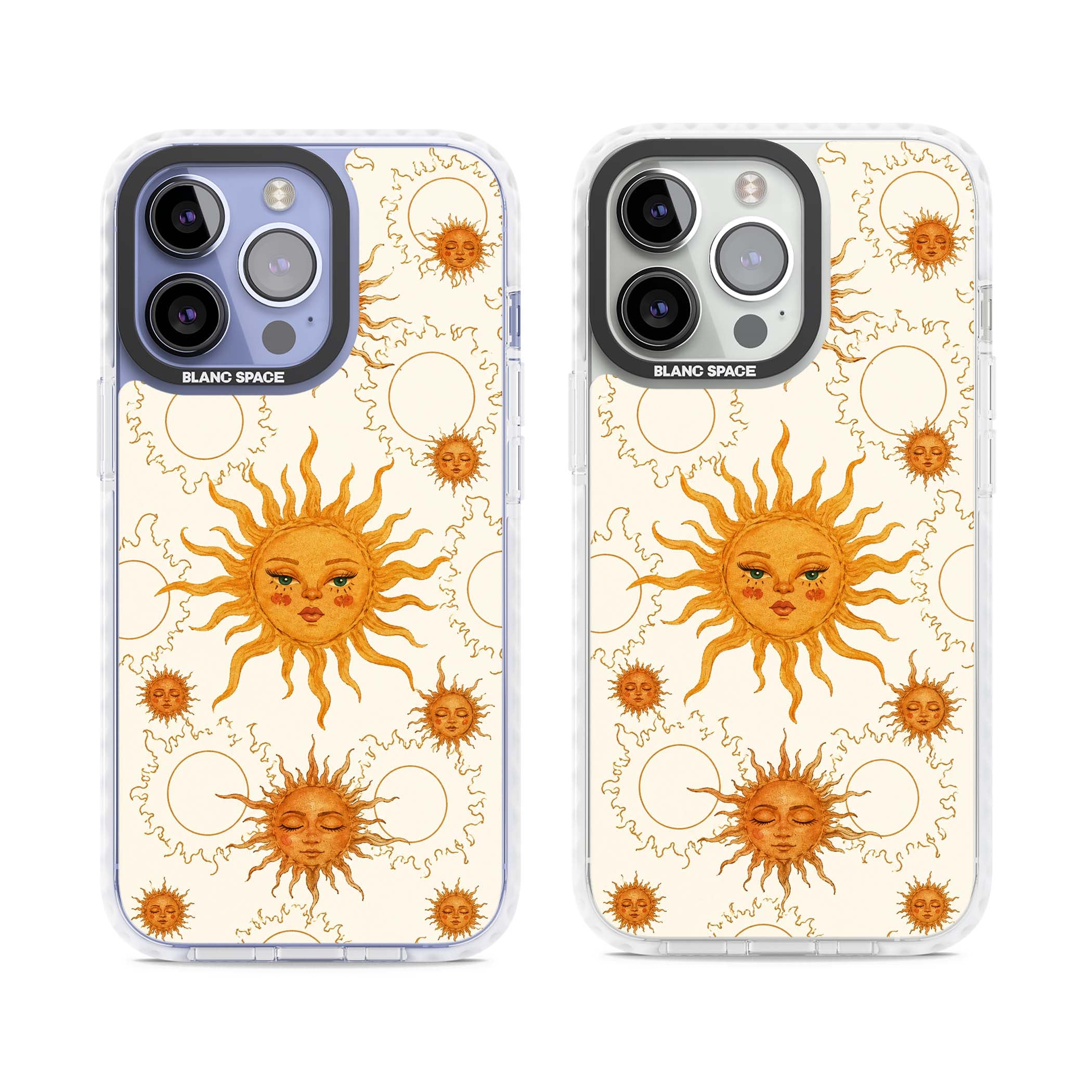 Solstice Muse celestial iPhone case featuring hand-painted golden sun faces, closed-eye sun goddesses and outlined moons... | Clear Impact case for iPhone 13 Pro, iPhone 14 Pro, iPhone 15 Pro