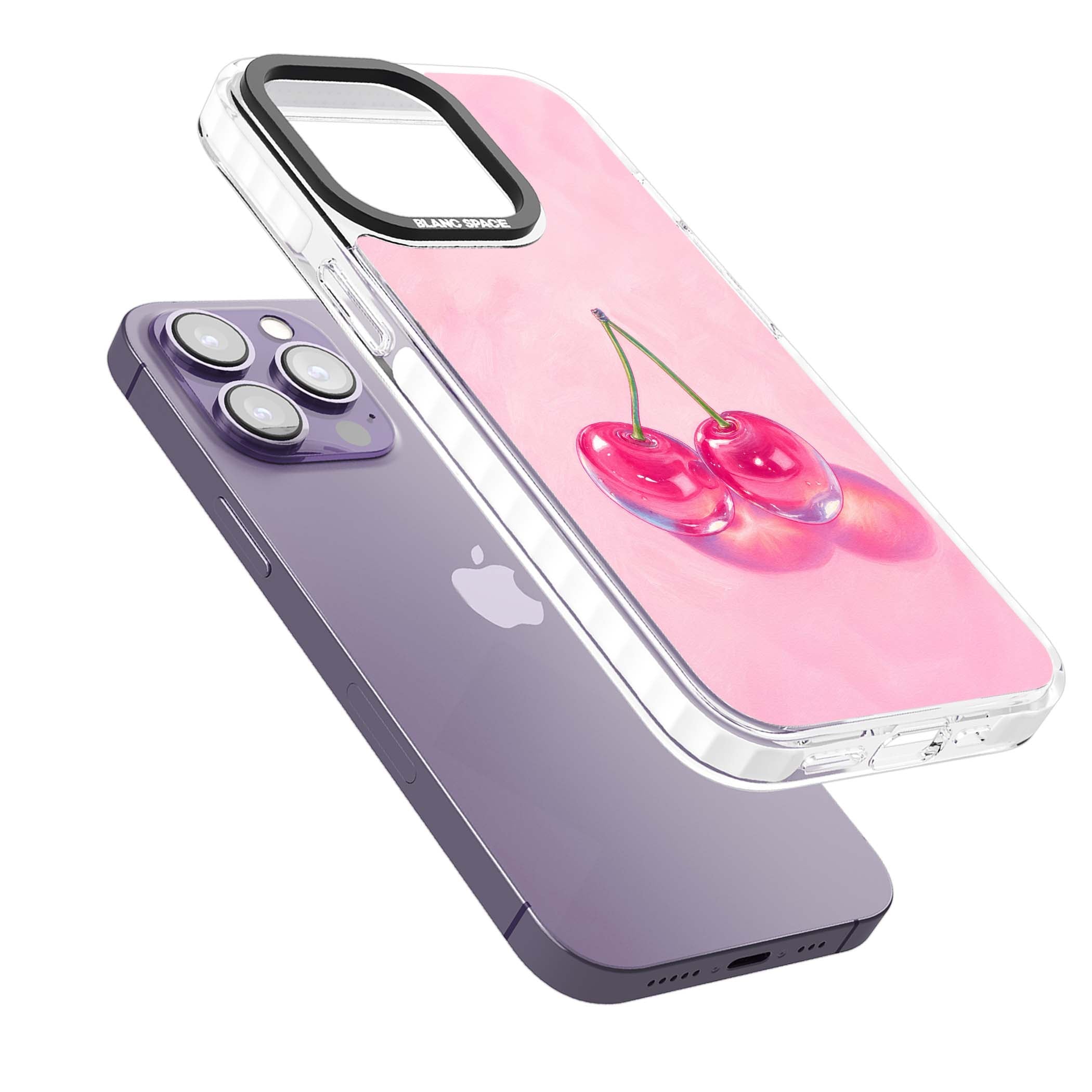 Pink Glass Cherry coquette iPhone case featuring two glossy painted cherries on a soft pink background | Clear Impact case for iPhone 13 Pro, iPhone 14 Pro, iPhone 15 Pro