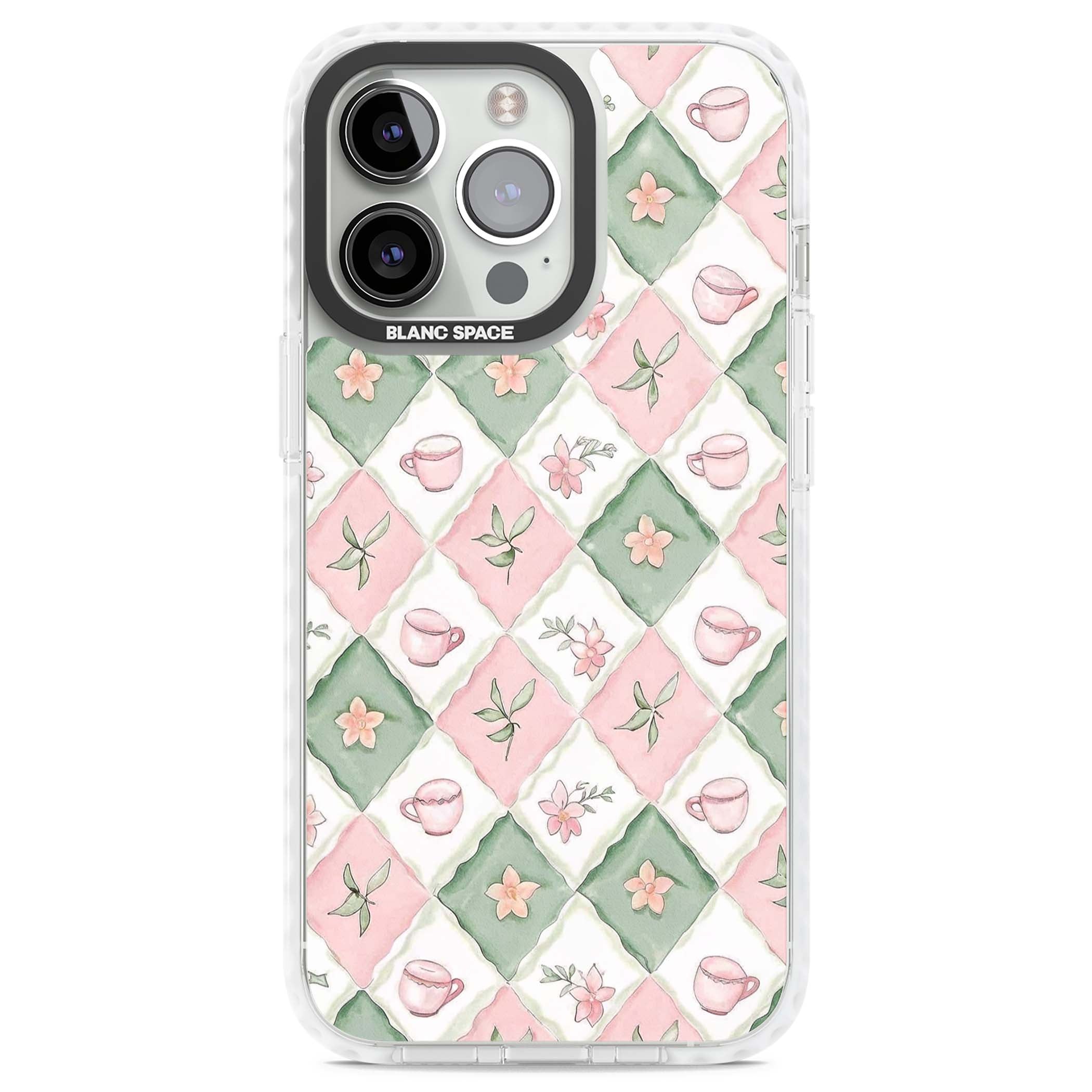 Garden Tea Party coquette iPhone case with pink and green checkered pattern, watercolour teacups and wildflowers | Clear Impact case for iPhone 13 Pro, iPhone 14 Pro, iPhone 15 Pro
