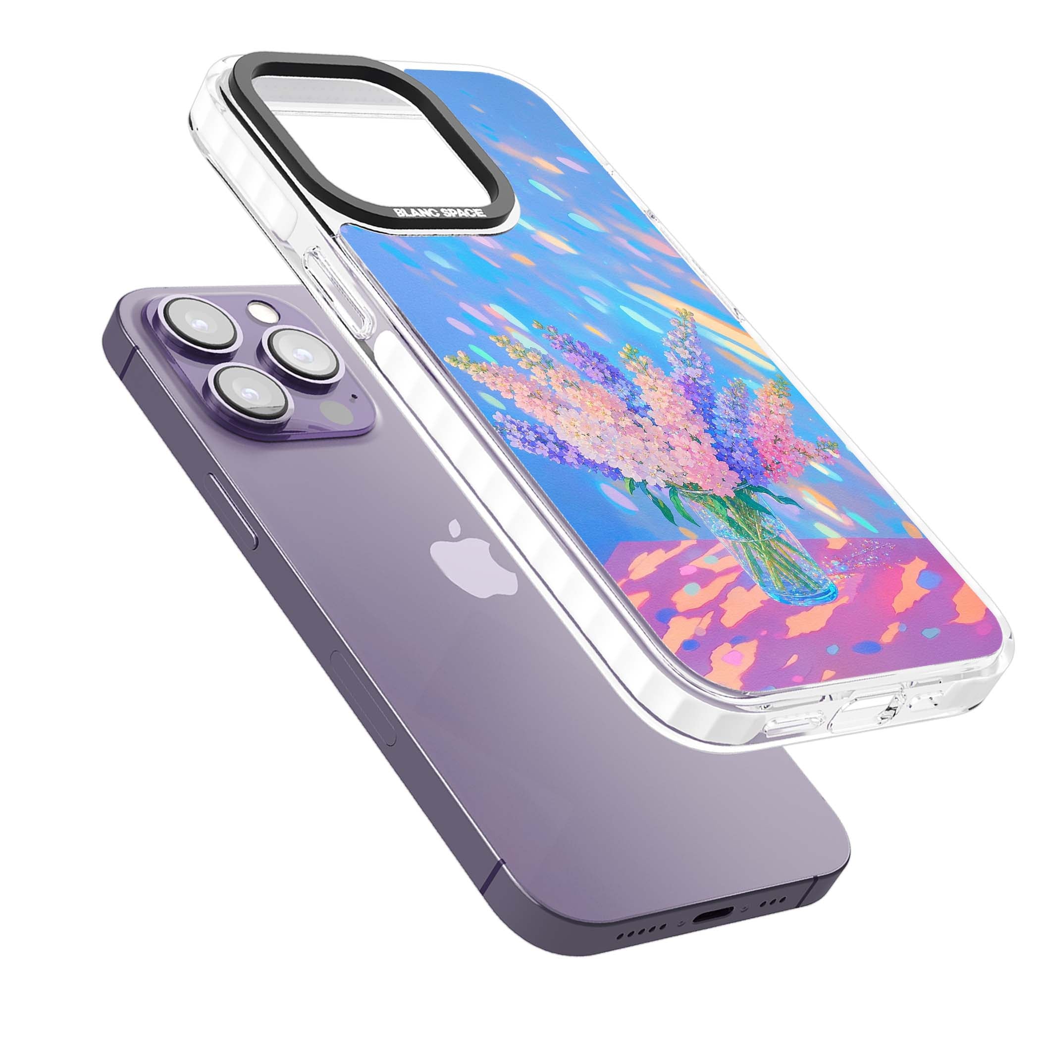 Bubblegum Flowers floral iPhone case featuring pastel lilac and pink bouquet in a glass vase with iridescent light | Clear Impact case for iPhone 13 Pro, iPhone 14 Pro, iPhone 15 Pro