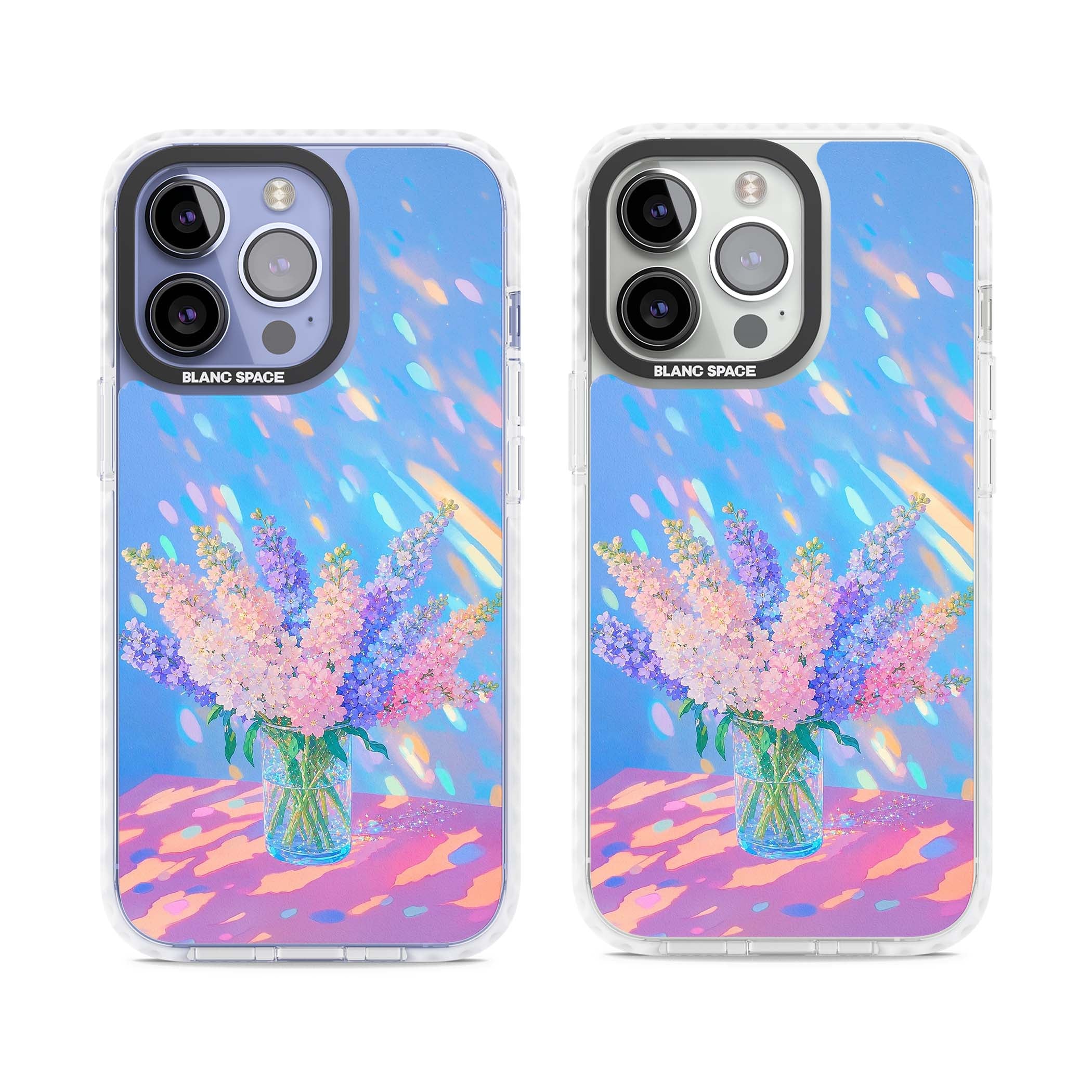 Bubblegum Flowers floral iPhone case featuring pastel lilac and pink bouquet in a glass vase with iridescent light | Clear Impact case for iPhone 13 Pro, iPhone 14 Pro, iPhone 15 Pro
