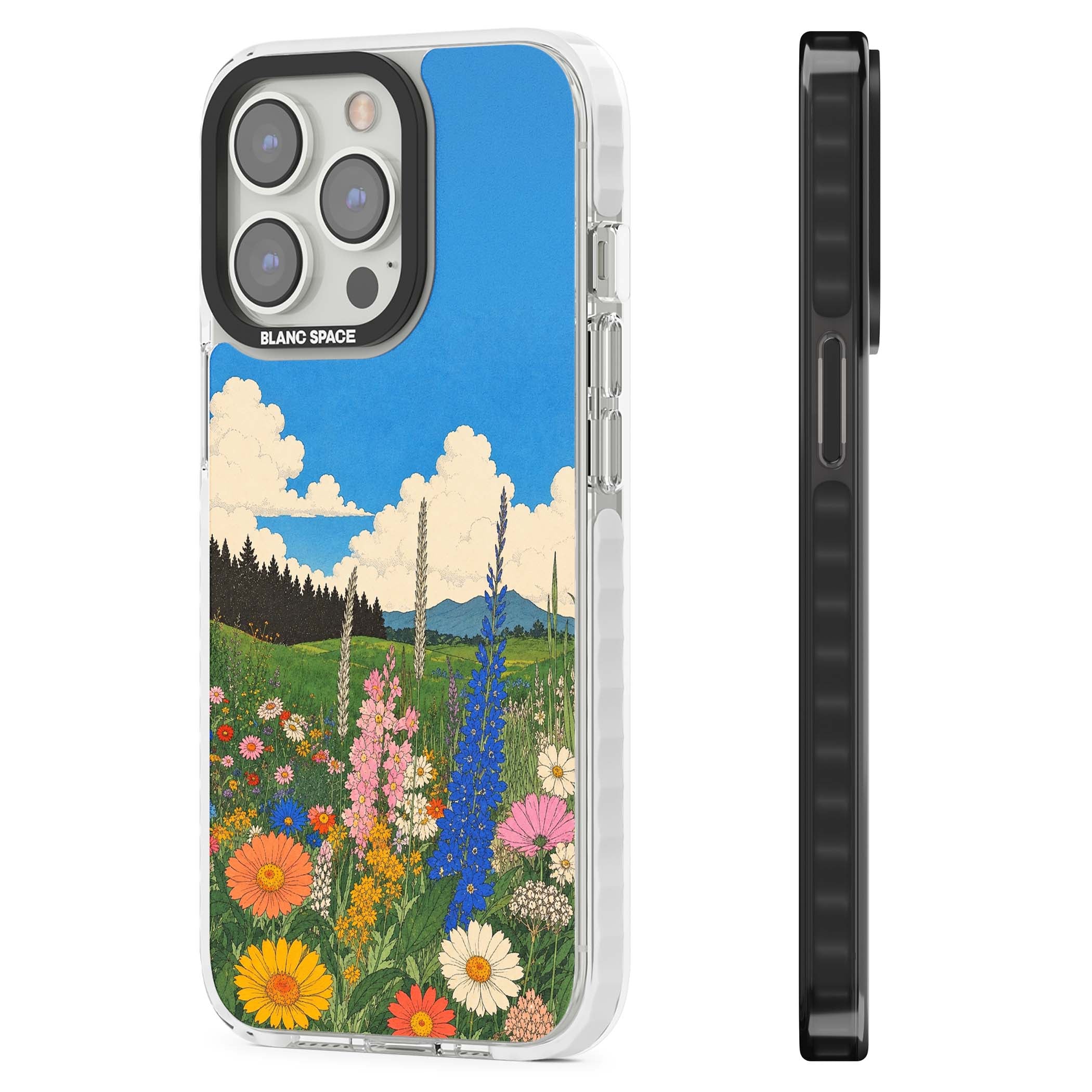 Wildbloom wildflower iPhone case featuring a vintage Japanese-style meadow landscape with daisies, delphiniums and moun | Clear Impact case for iPhone 13 Pro, iPhone 14 Pro, iPhone 15 Pro