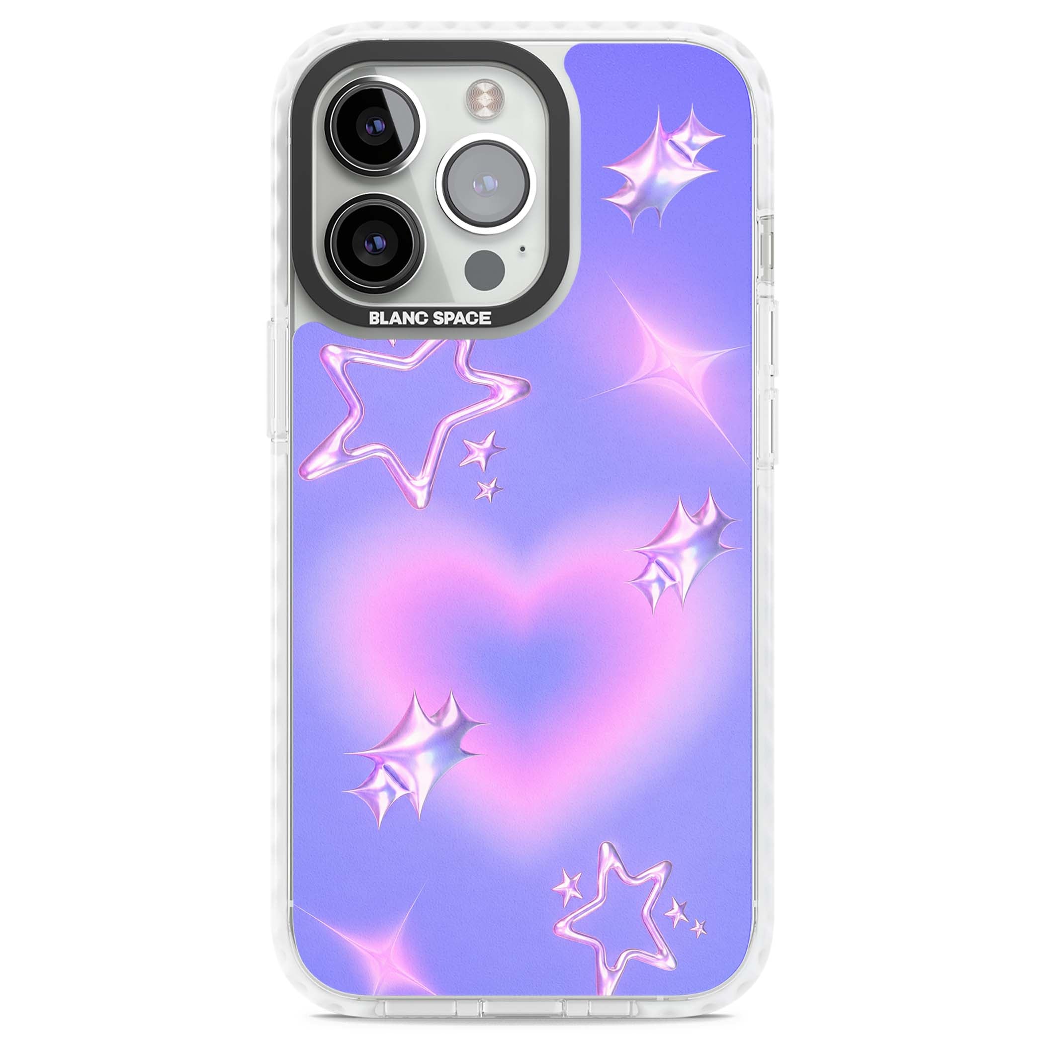 Soft Sugar Y2K iPhone case featuring iridescent chrome hearts, metallic pink stars and a lavender gradient sky | Clear Impact case for iPhone 13 Pro, iPhone 14 Pro, iPhone 15 Pro