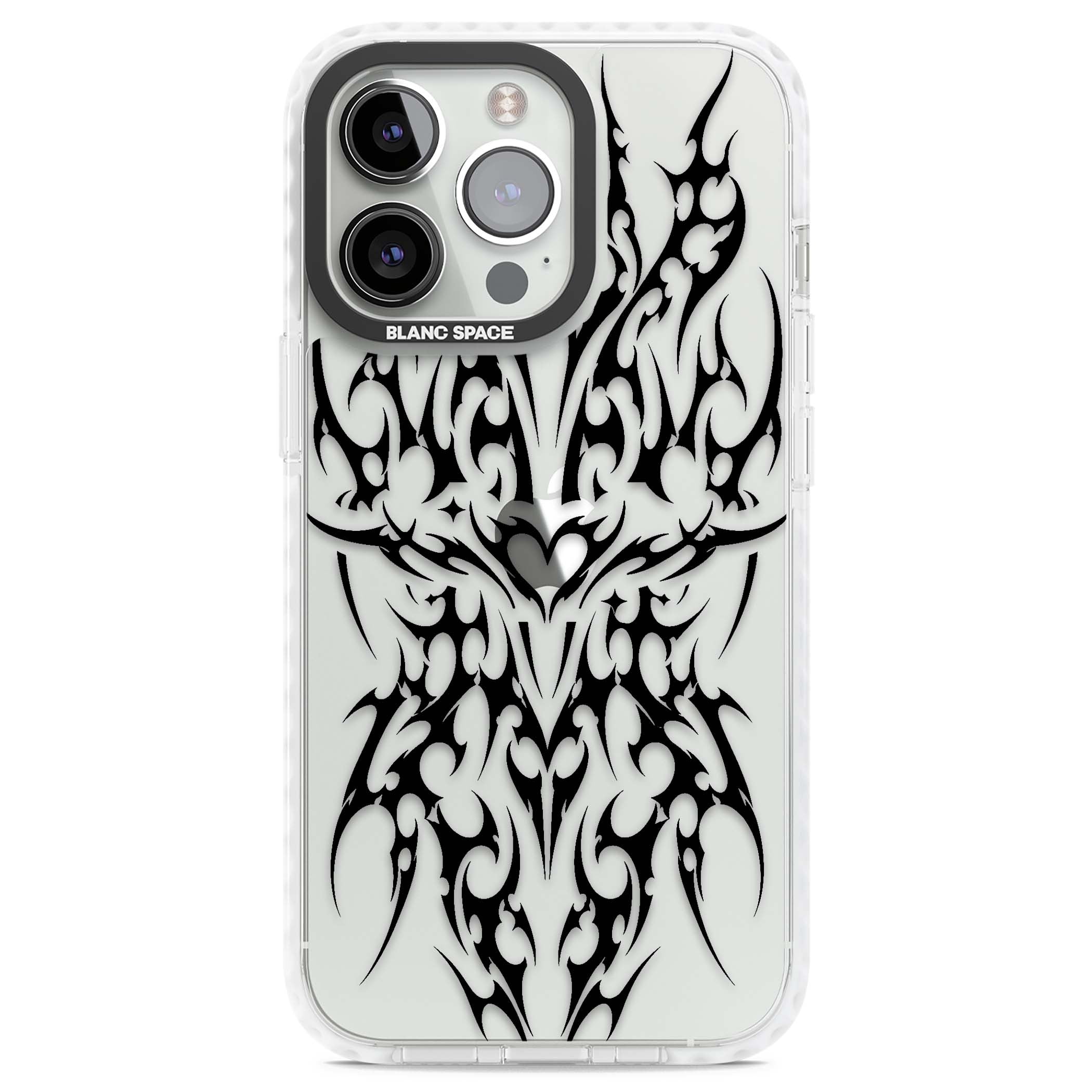 Neo Tribal Heart gothic iPhone case featuring symmetrical black tribal tattoo art with sharp thorn-like linework | Clear Impact case for iPhone 13 Pro, iPhone 14 Pro, iPhone 15 Pro